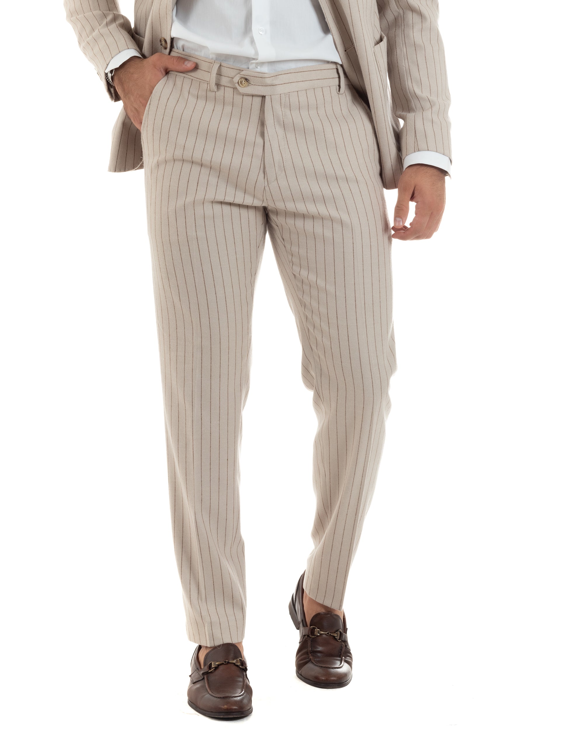 Abito Uomo Monopetto Gessato Lana Vestito Elegante Giacca Pantaloni Sartoriale Beige GIOSAL-AE1105A