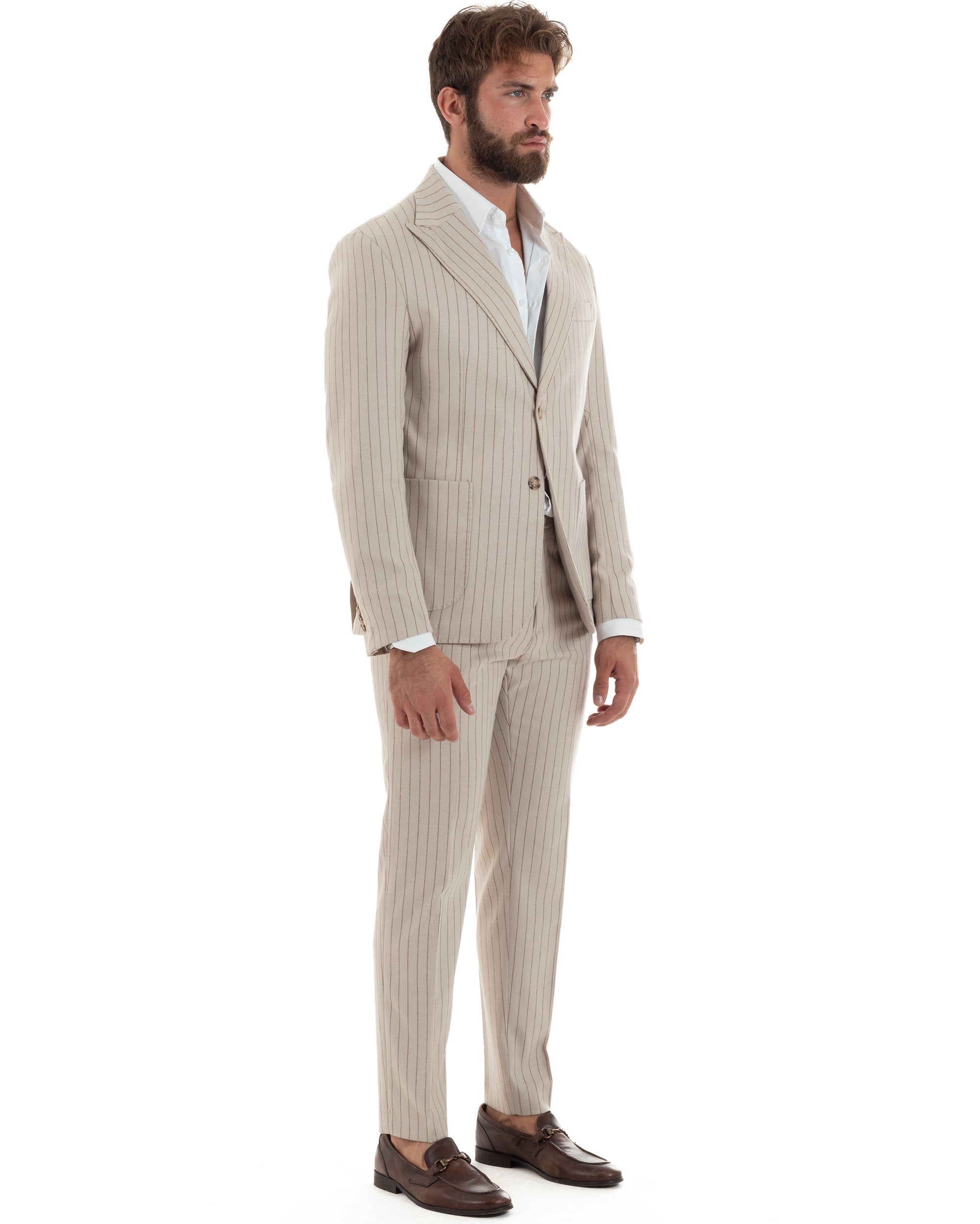 Abito Uomo Monopetto Gessato Lana Vestito Elegante Giacca Pantaloni Sartoriale Beige GIOSAL-AE1105A