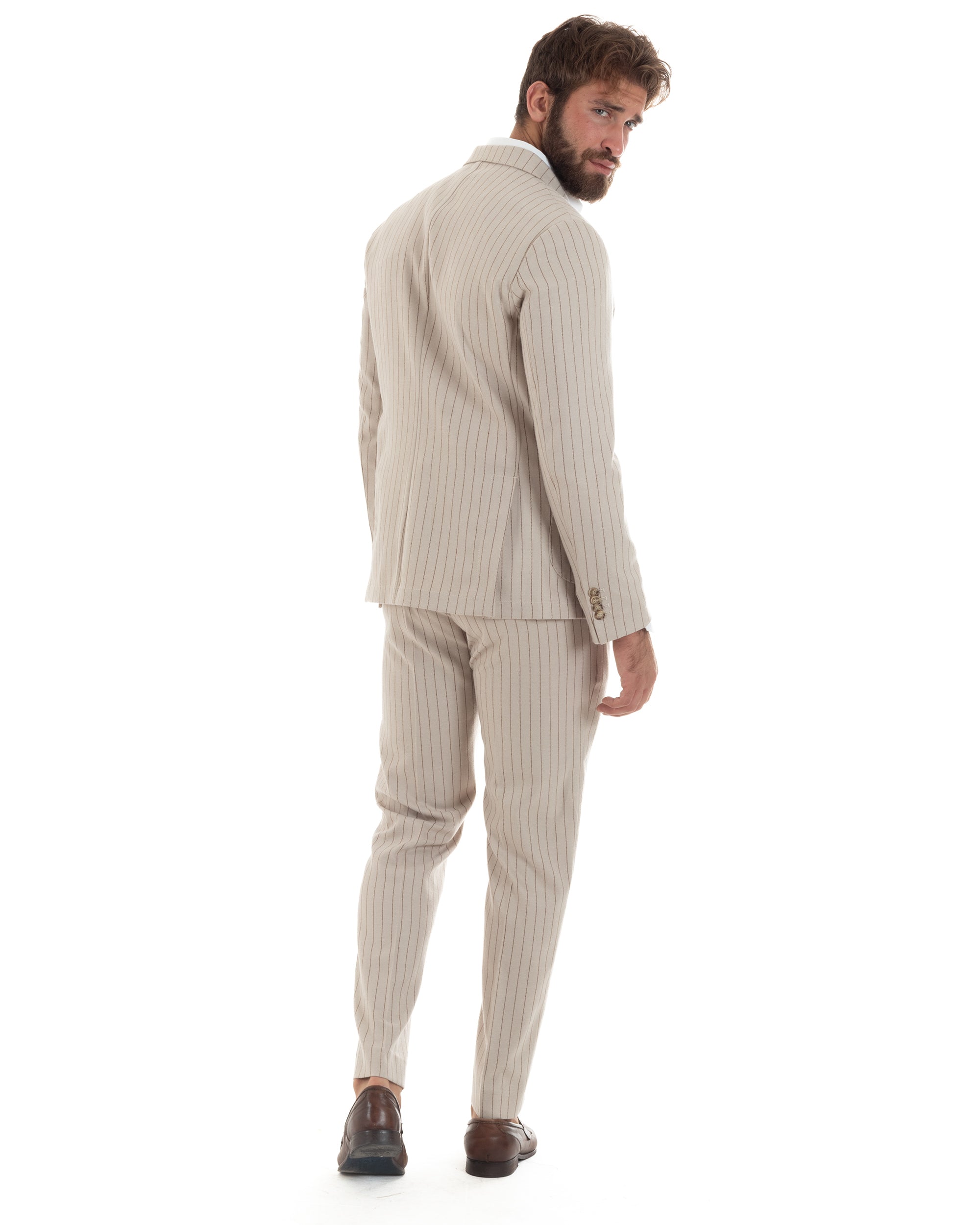 Abito Uomo Monopetto Gessato Lana Vestito Elegante Giacca Pantaloni Sartoriale Beige GIOSAL-AE1105A