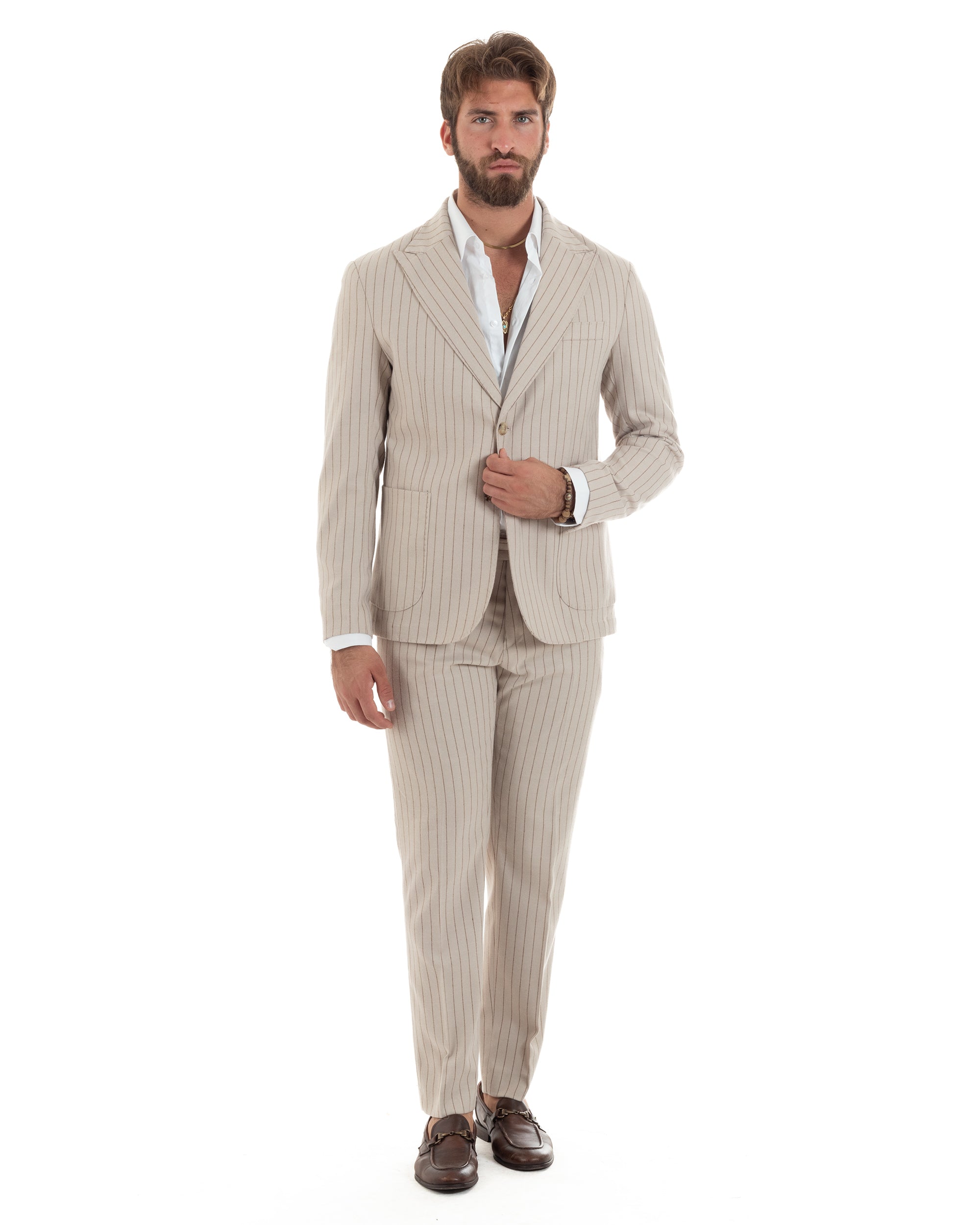 Abito Uomo Monopetto Gessato Lana Vestito Elegante Giacca Pantaloni Sartoriale Beige GIOSAL-AE1105A