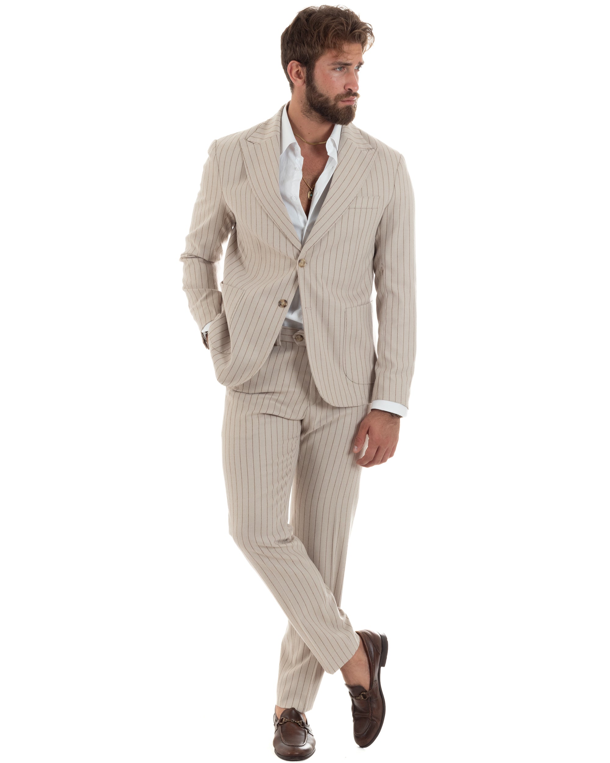 Abito Uomo Monopetto Gessato Lana Vestito Elegante Giacca Pantaloni Sartoriale Beige GIOSAL-AE1105A