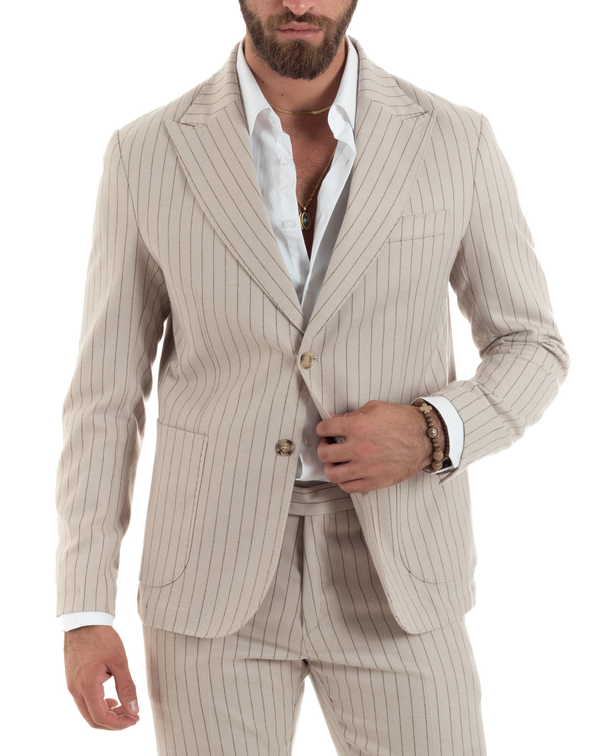 Abito Uomo Monopetto Gessato Lana Vestito Elegante Giacca Pantaloni Sartoriale Beige GIOSAL-AE1105A