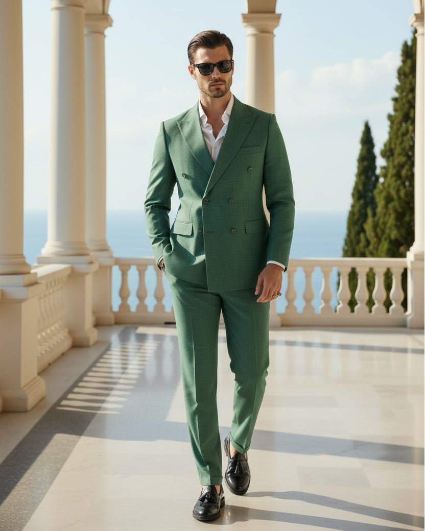 Abito Uomo Doppiopetto Vestito Viscosa Completo Giacca Pantaloni Verde Melangiato AE1117A