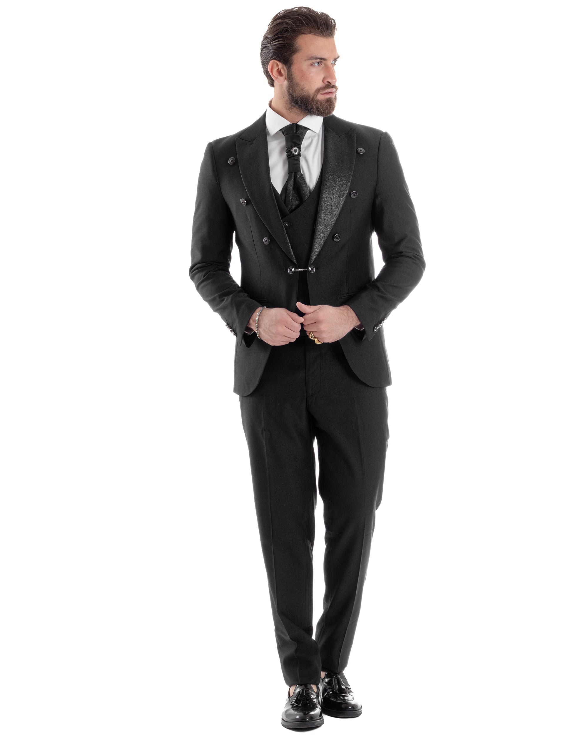 Abito Uomo Monopetto Damascato Vestito 3 Pezzi Completo Sposo Giacca Pantaloni Panciotto Plastron Cerimonia Elegante Sartoriale Nero GIOSAL-AE1130A