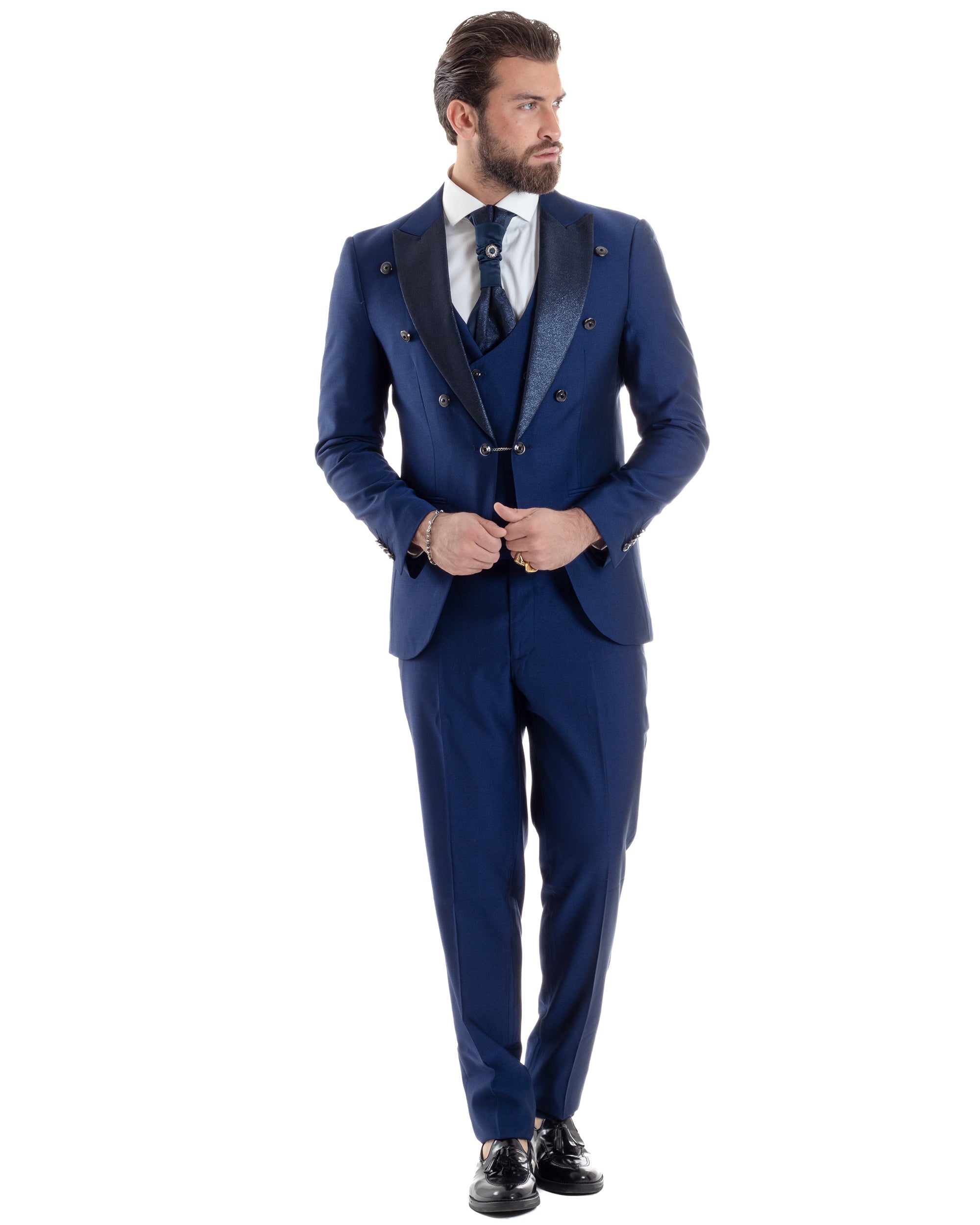 Abito Uomo Monopetto Damascato Vestito 3 Pezzi Completo Sposo Giacca Pantaloni Panciotto Plastron Cerimonia Elegante Sartoriale Blu GIOSAL-AE1131A