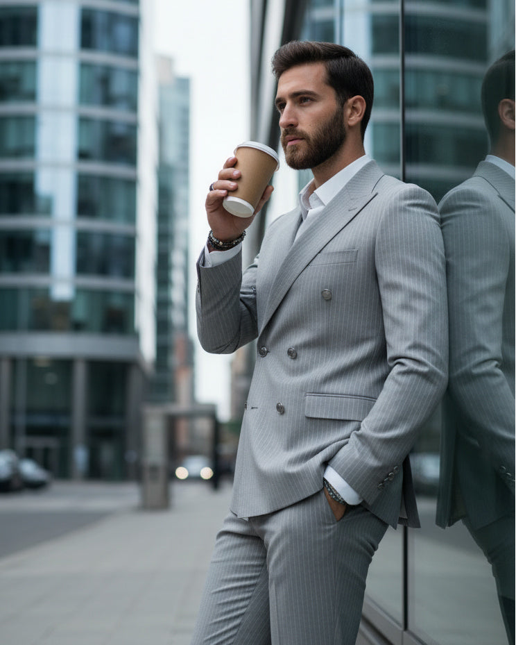 Abito Uomo Doppiopetto Vestito Completo Rigato Giacca Pantaloni Bottoni Metallo Fantasia Gessata Grigio AE1132A