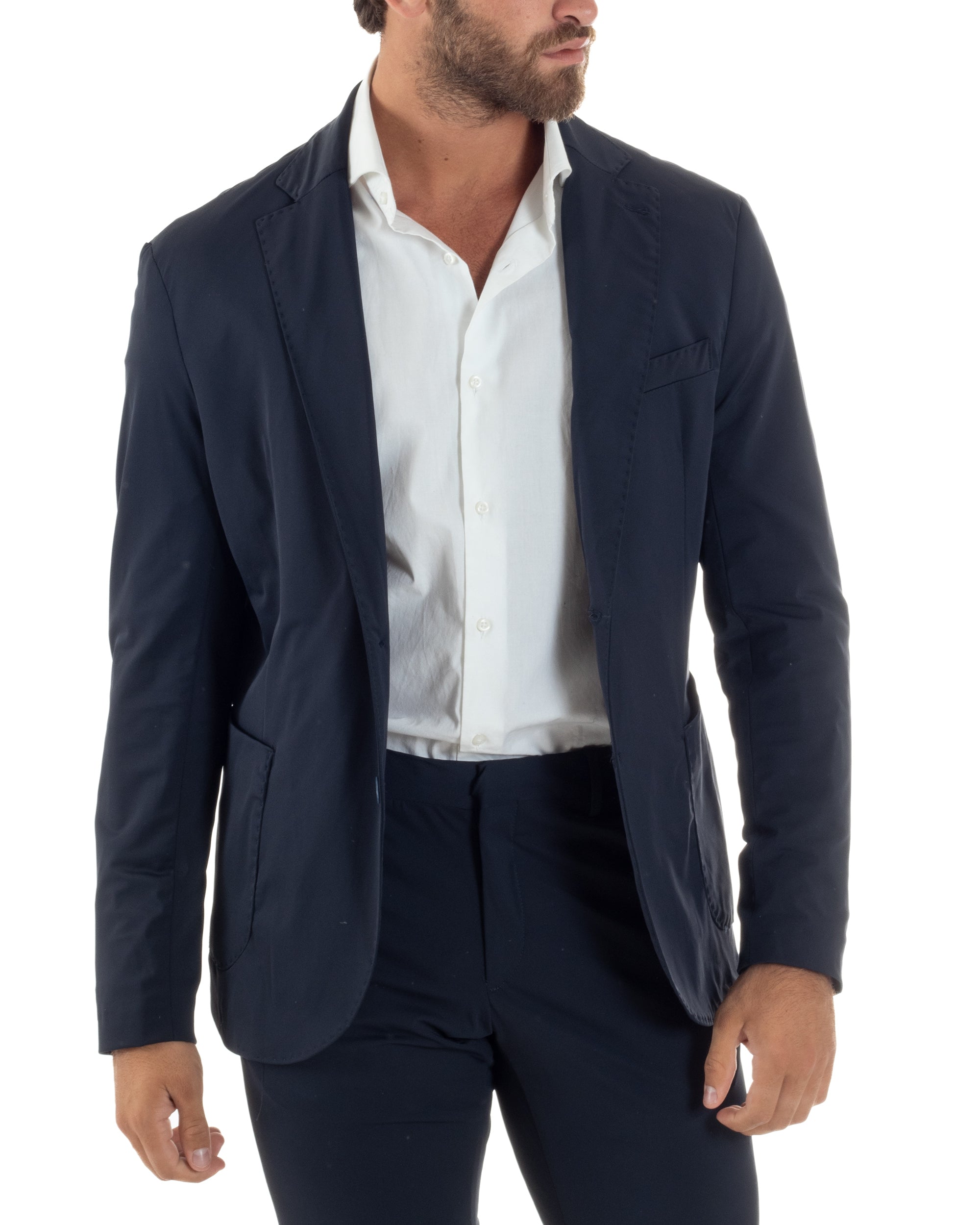Abito Uomo Monopetto Completo Antivento Con Cappuccio E Pettorina Removibile Vestito No Stiro Giacca Pantaloni Casual Elegante Blu GIOSAL-AE1133A