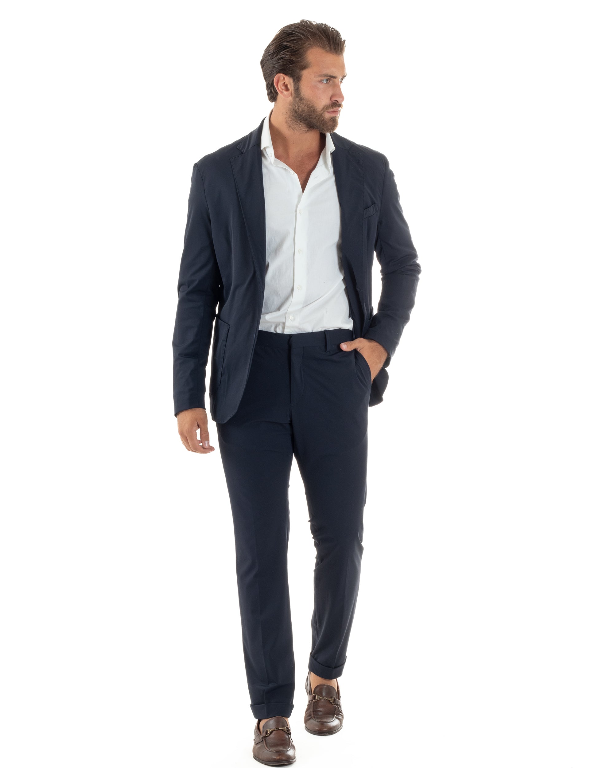 Abito Uomo Monopetto Completo Antivento Con Cappuccio E Pettorina Removibile Vestito No Stiro Giacca Pantaloni Casual Elegante Blu GIOSAL-AE1133A