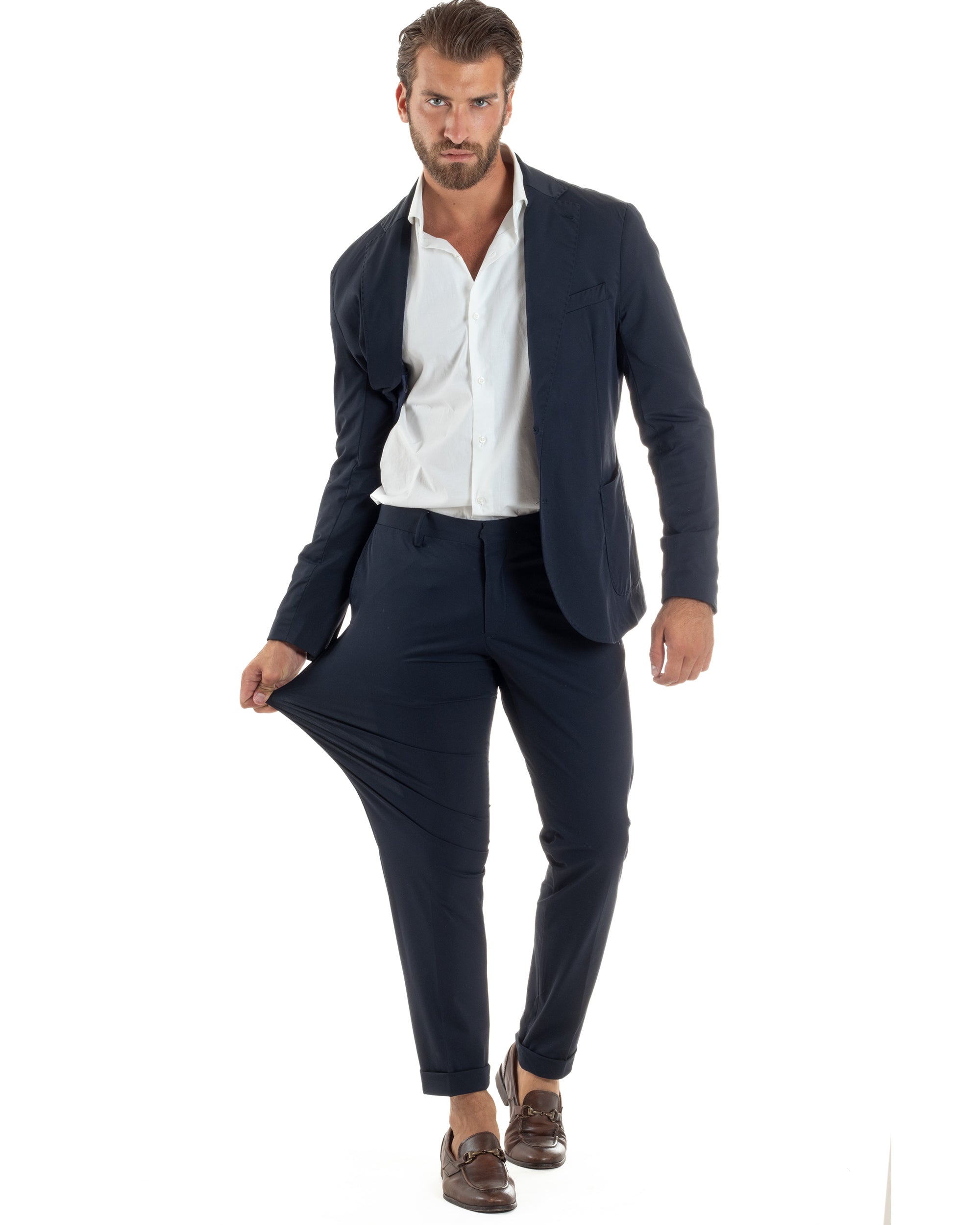Abito Uomo Monopetto Completo Antivento Con Cappuccio E Pettorina Removibile Vestito No Stiro Giacca Pantaloni Casual Elegante Blu GIOSAL-AE1133A
