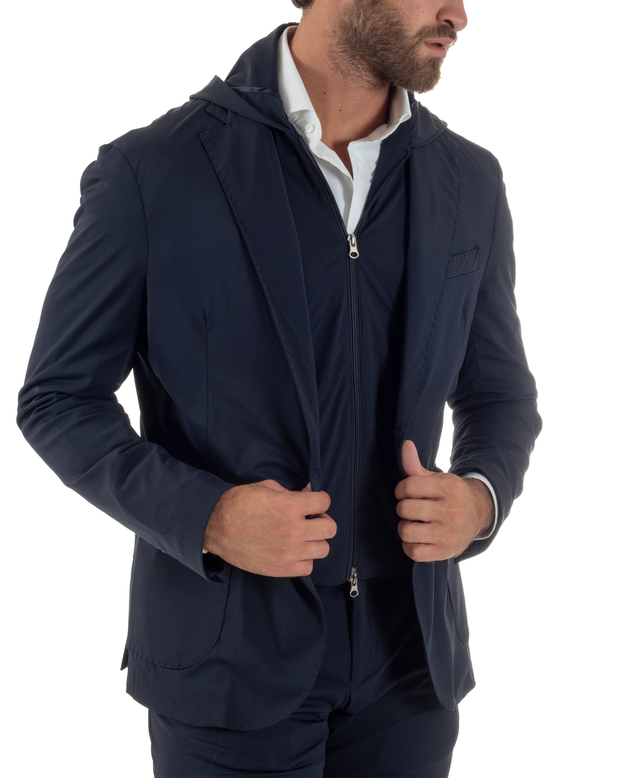 Abito Uomo Monopetto Completo Antivento Con Cappuccio E Pettorina Removibile Vestito No Stiro Giacca Pantaloni Casual Elegante Blu GIOSAL-AE1133A