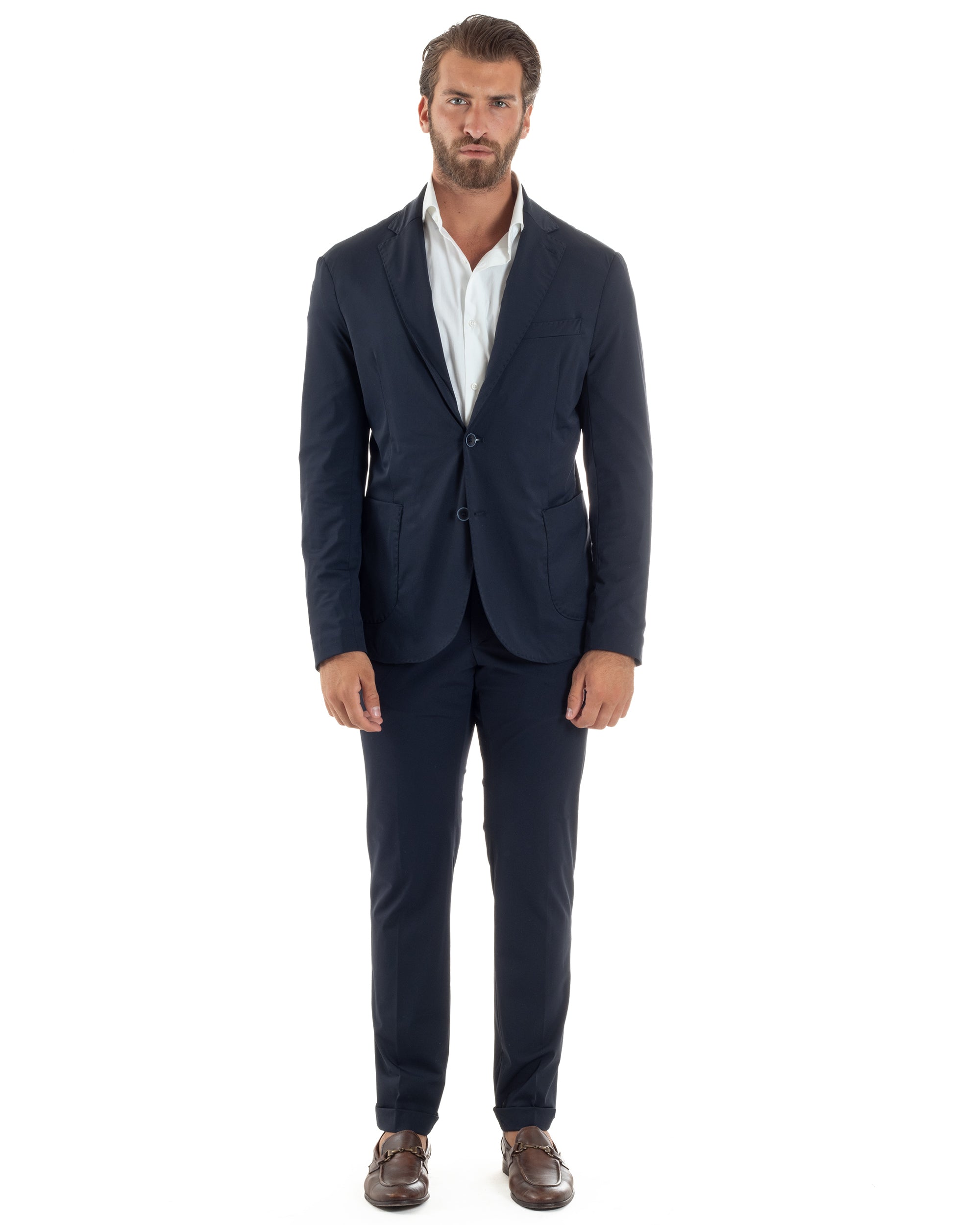 Abito Uomo Monopetto Completo Antivento Con Cappuccio E Pettorina Removibile Vestito No Stiro Giacca Pantaloni Casual Elegante Blu GIOSAL-AE1133A