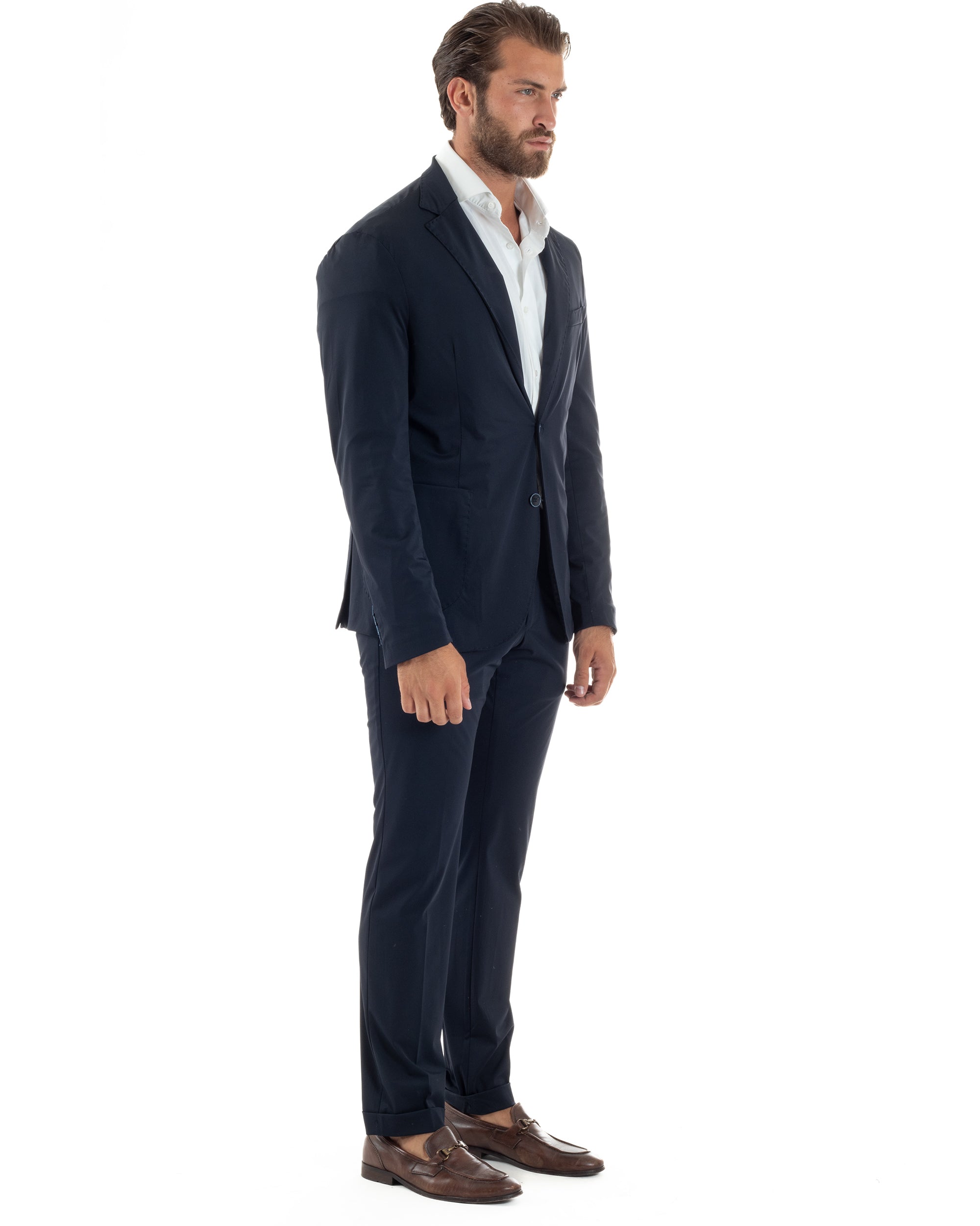 Abito Uomo Monopetto Completo Antivento Con Cappuccio E Pettorina Removibile Vestito No Stiro Giacca Pantaloni Casual Elegante Blu GIOSAL-AE1133A