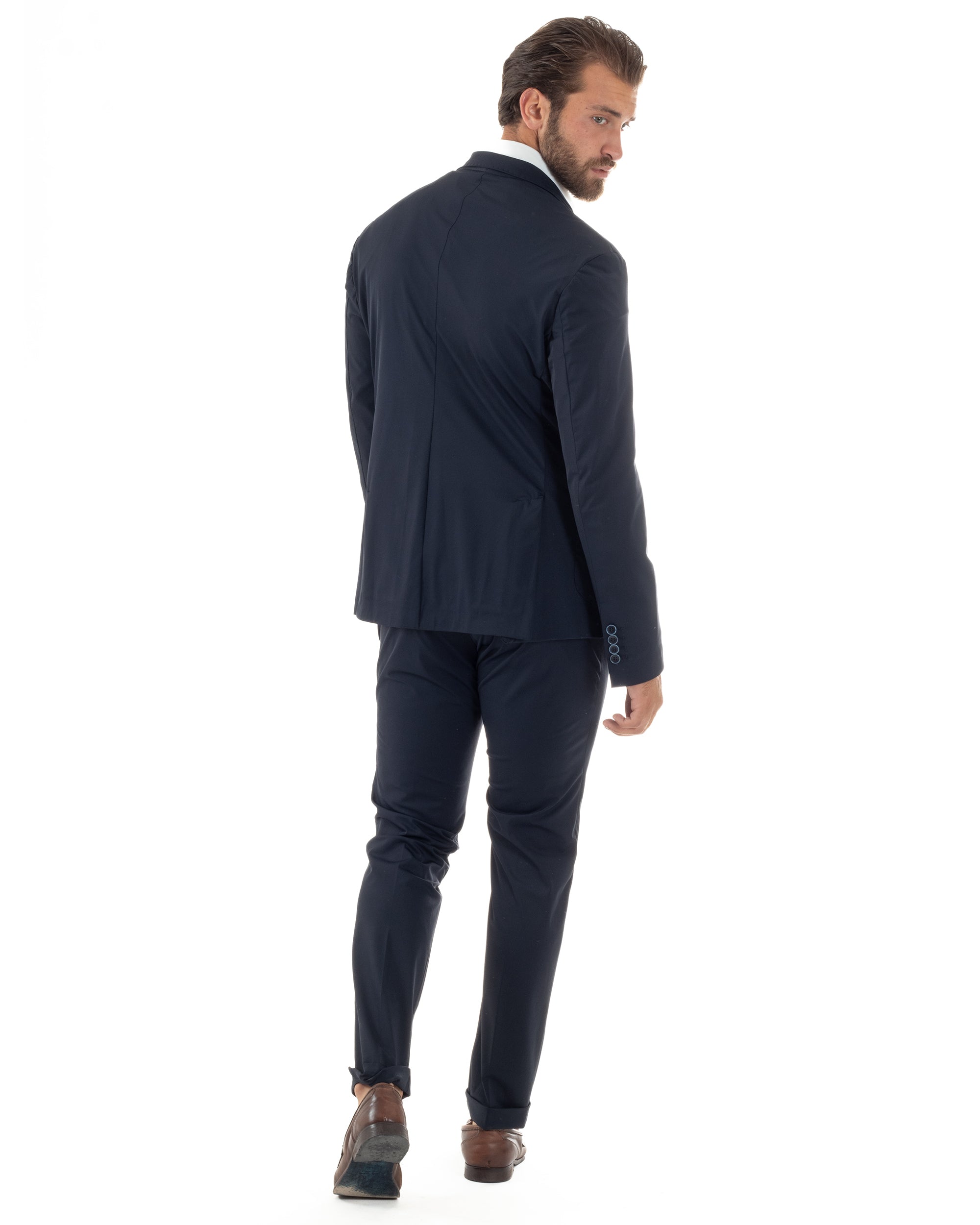 Abito Uomo Monopetto Completo Antivento Con Cappuccio E Pettorina Removibile Vestito No Stiro Giacca Pantaloni Casual Elegante Blu GIOSAL-AE1133A