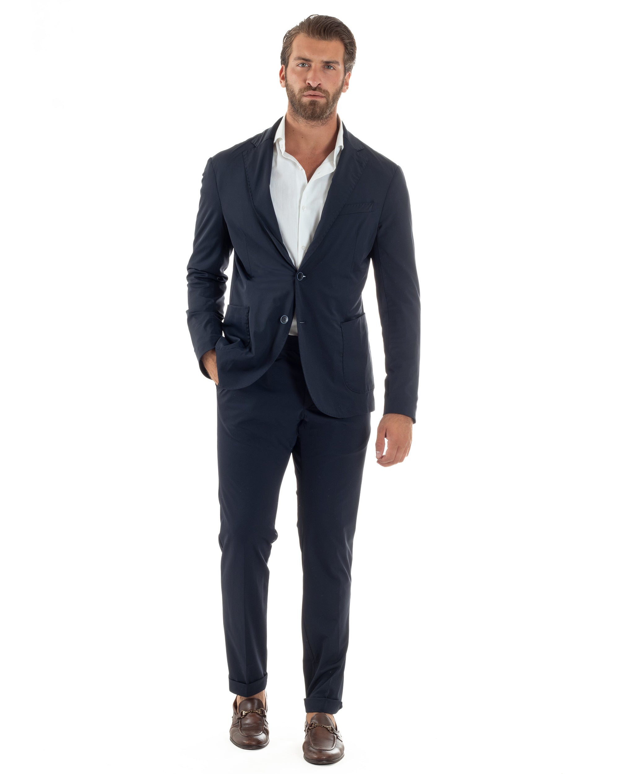 Abito Uomo Monopetto Completo Antivento Con Cappuccio E Pettorina Removibile Vestito No Stiro Giacca Pantaloni Casual Elegante Blu GIOSAL-AE1133A