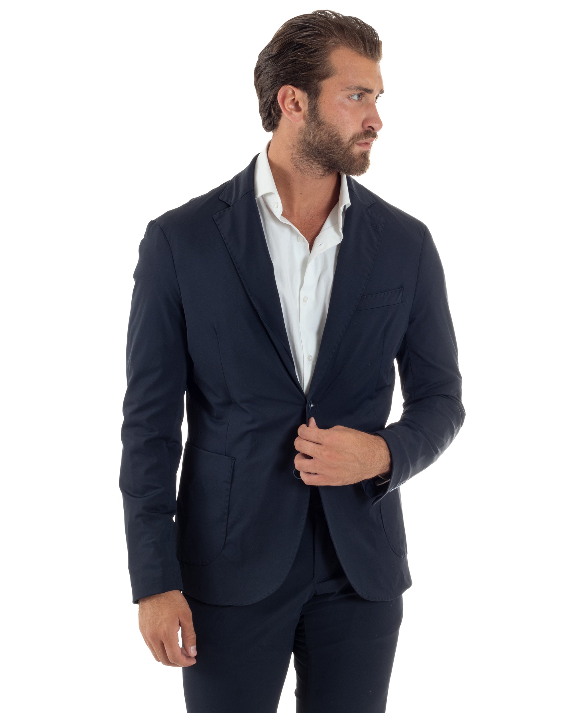 Abito Uomo Monopetto Completo Antivento Con Cappuccio E Pettorina Removibile Vestito No Stiro Giacca Pantaloni Casual Elegante Blu GIOSAL-AE1133A