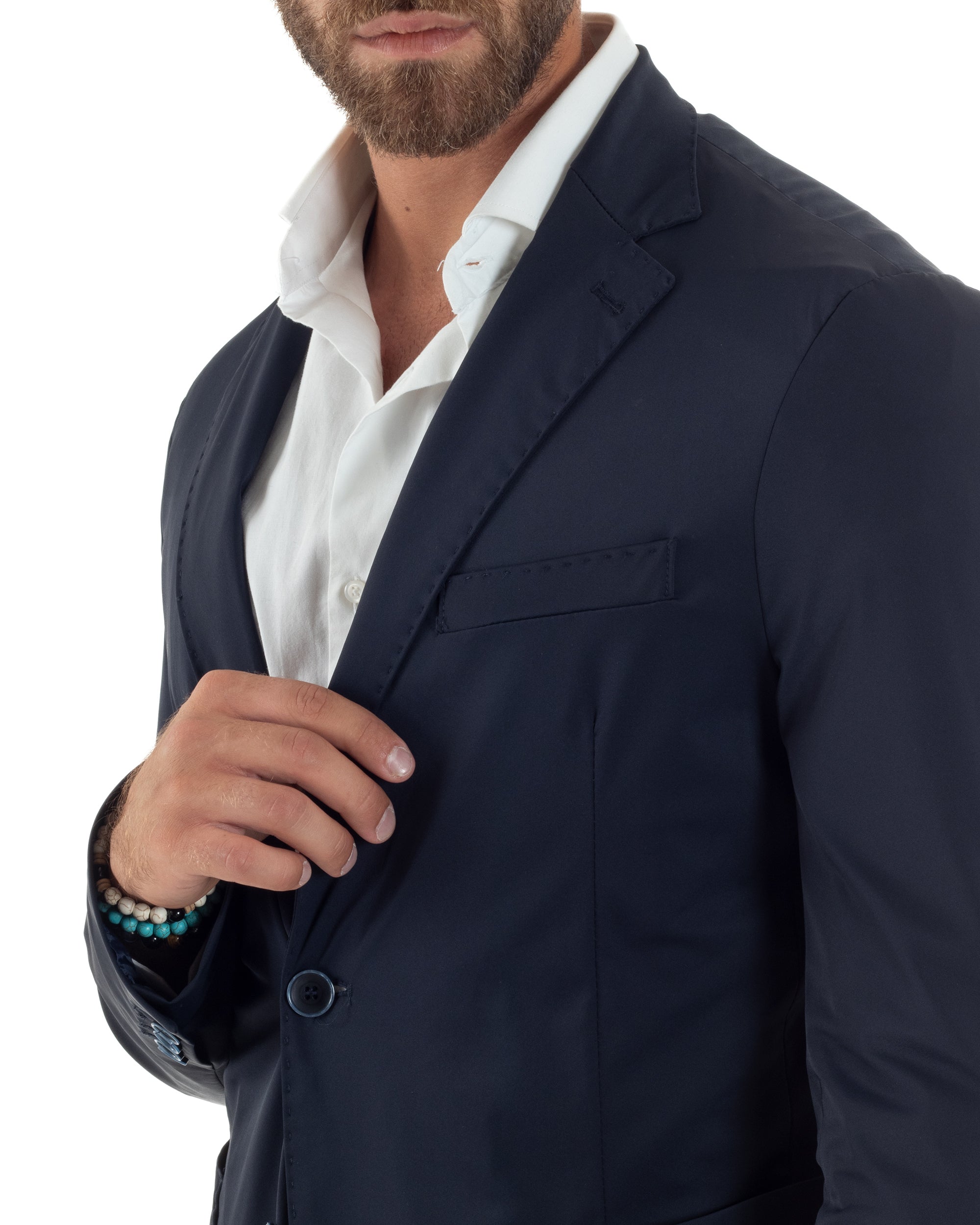 Abito Uomo Monopetto Completo Antivento Con Cappuccio E Pettorina Removibile Vestito No Stiro Giacca Pantaloni Casual Elegante Blu GIOSAL-AE1133A