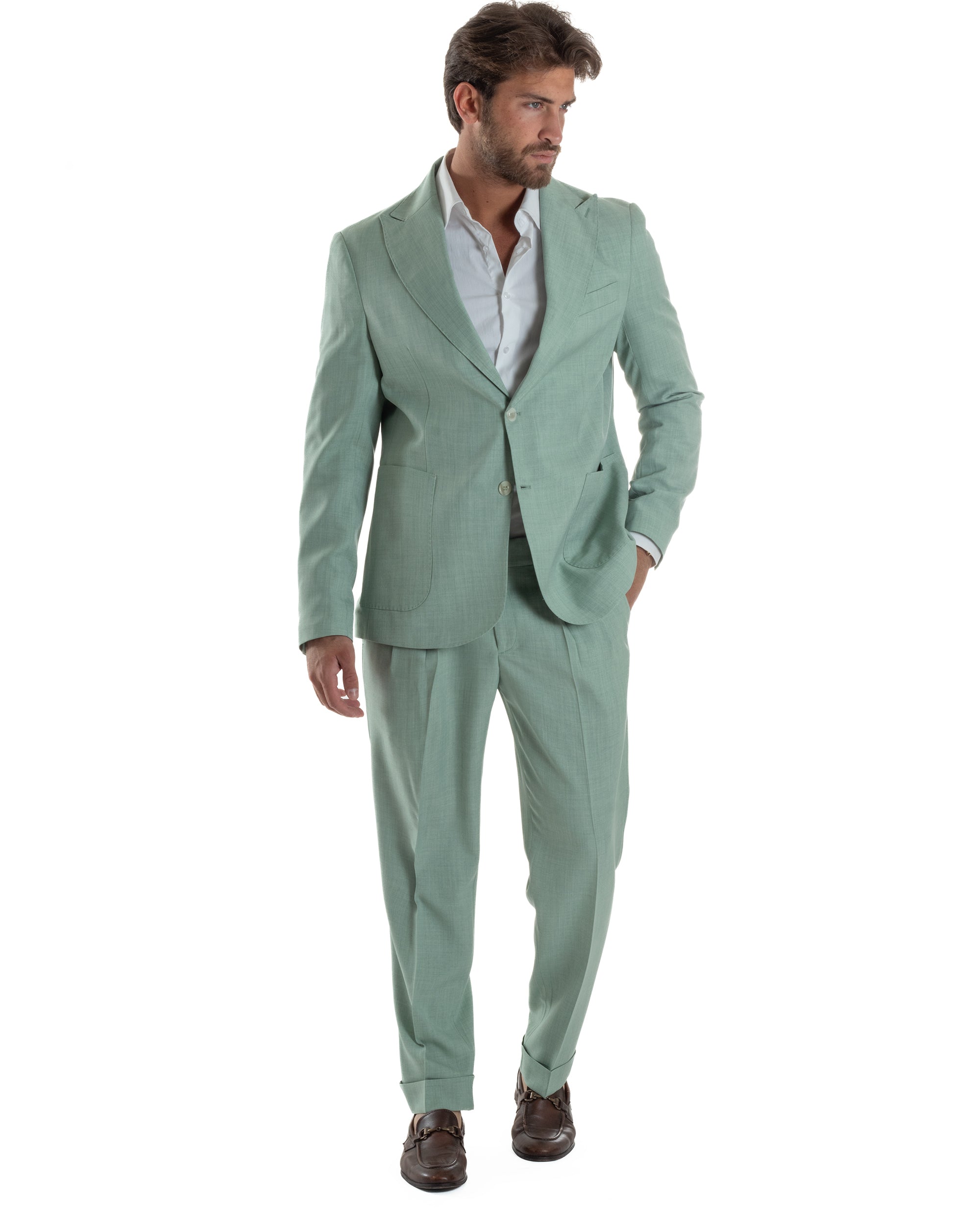 Abito Uomo Monopetto Melangiato Vestito Completo Sartoriale Elegante Giacca Rever A Lancia Pantaloni Gurkha Fibbie Verde Acqua GIOSAL-AE1140A