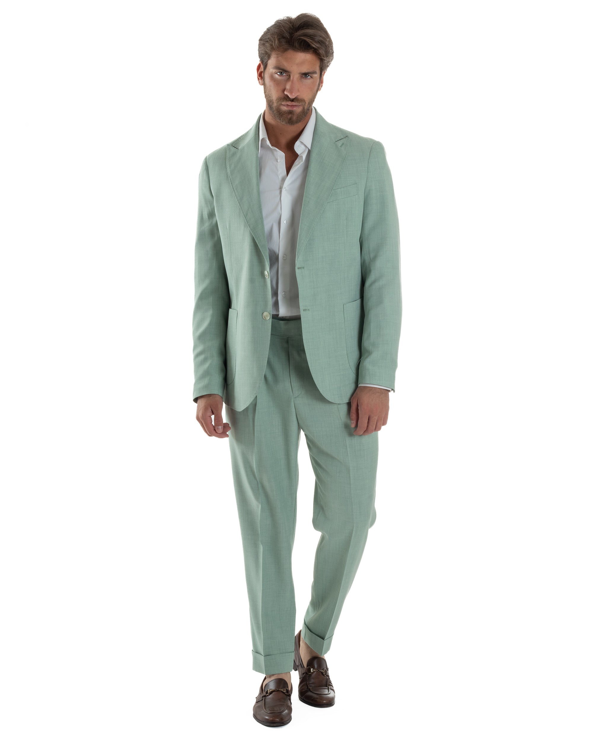 Abito Uomo Monopetto Melangiato Vestito Completo Sartoriale Elegante Giacca Rever A Lancia Pantaloni Gurkha Fibbie Verde Acqua GIOSAL-AE1140A