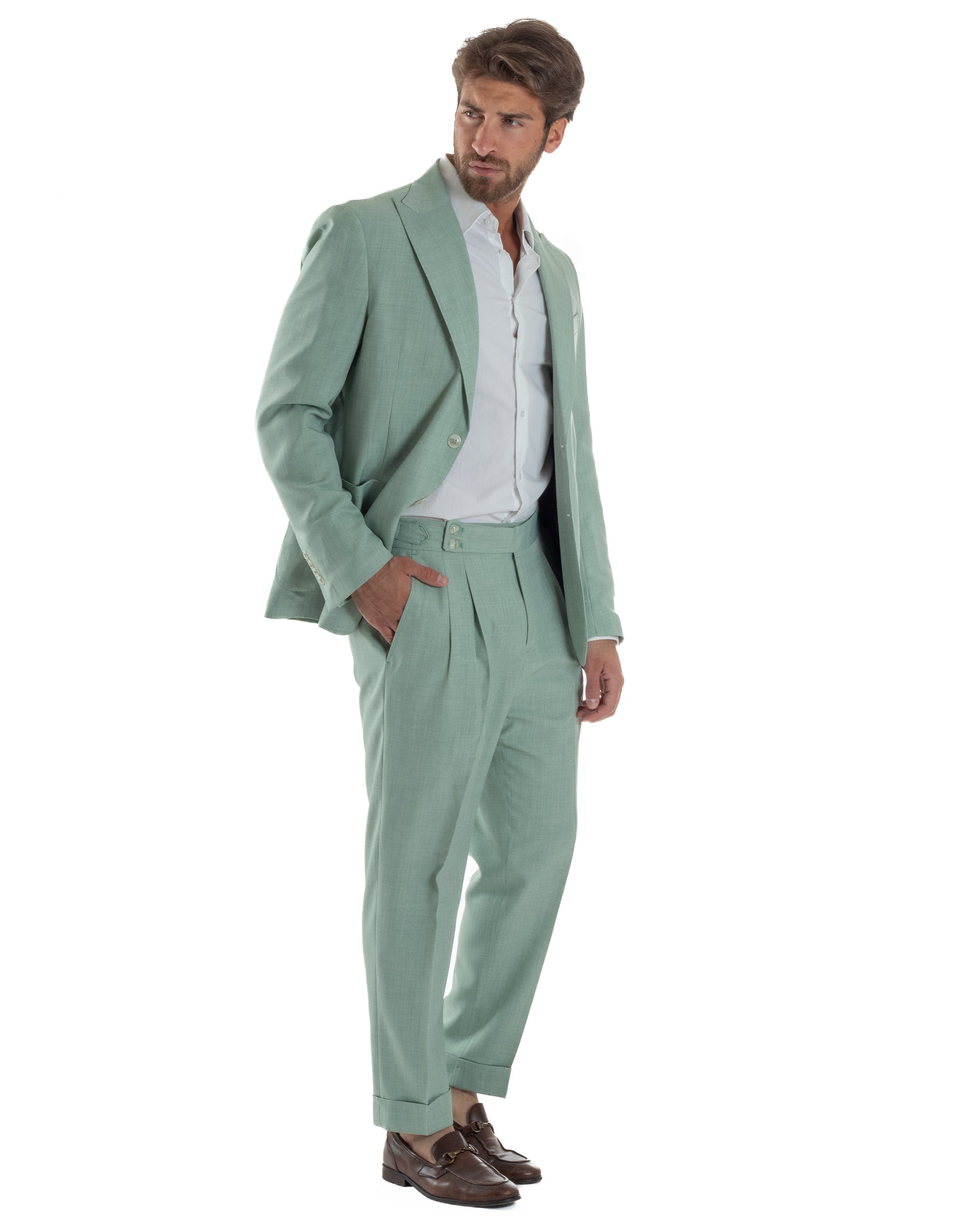 Abito Uomo Monopetto Melangiato Vestito Completo Sartoriale Elegante Giacca Rever A Lancia Pantaloni Gurkha Fibbie Verde Acqua GIOSAL-AE1140A