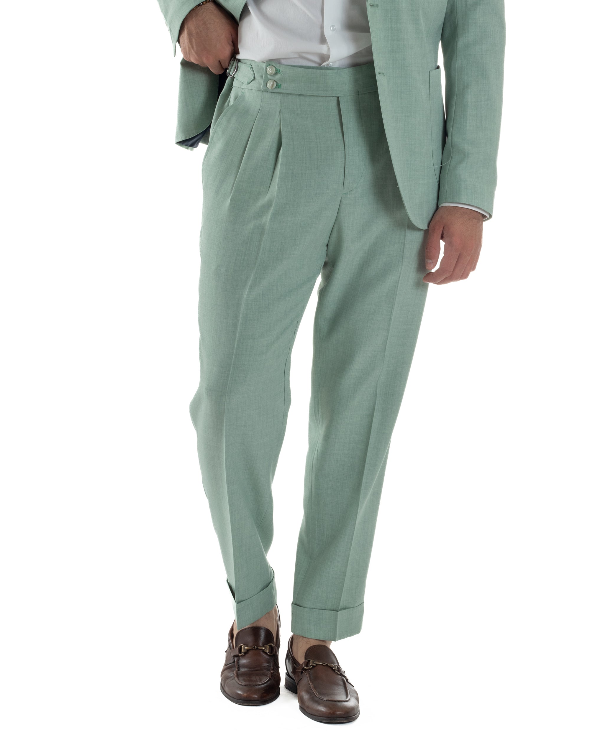 Abito Uomo Monopetto Melangiato Vestito Completo Sartoriale Elegante Giacca Rever A Lancia Pantaloni Gurkha Fibbie Verde Acqua GIOSAL-AE1140A