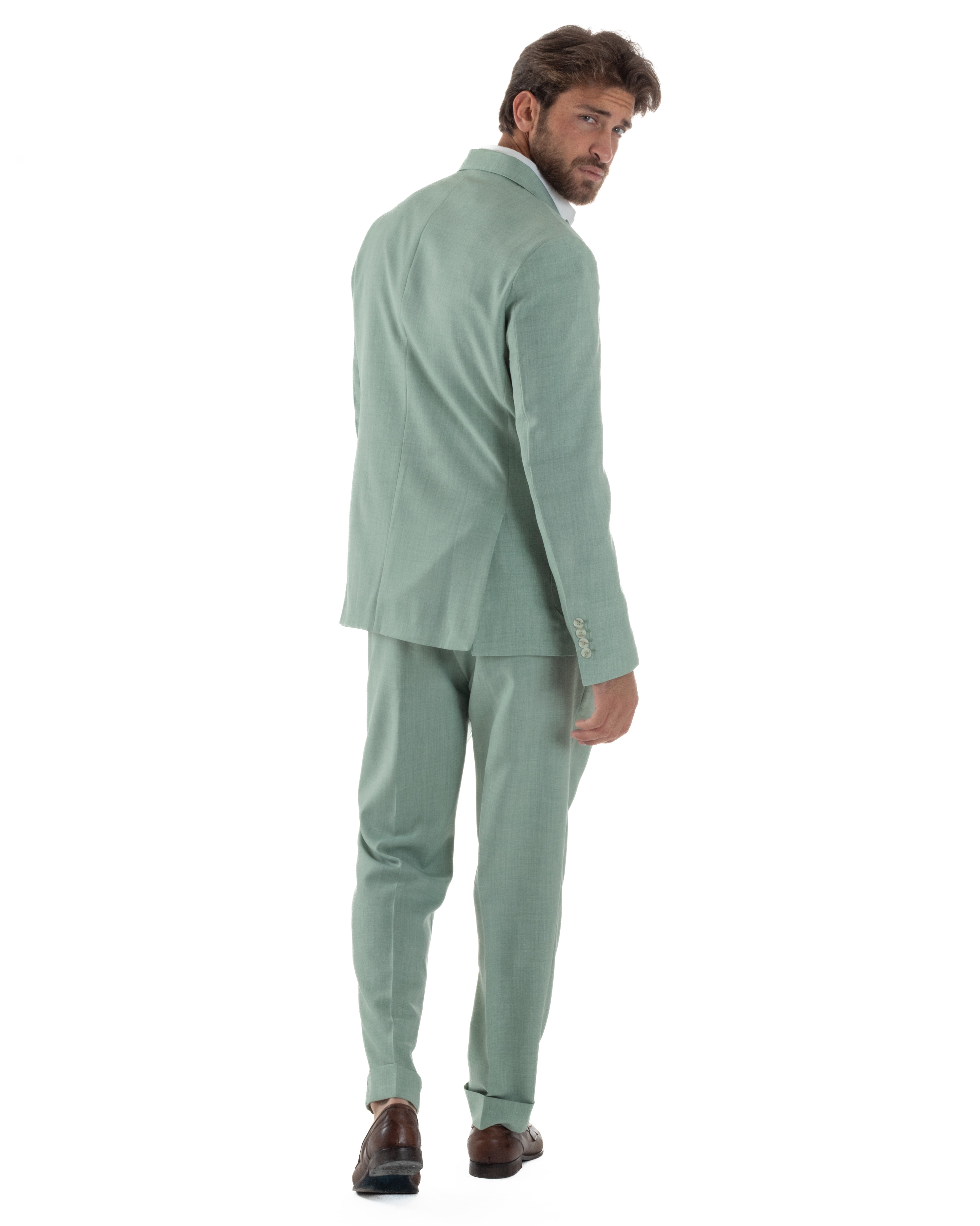 Abito Uomo Monopetto Melangiato Vestito Completo Sartoriale Elegante Giacca Rever A Lancia Pantaloni Gurkha Fibbie Verde Acqua GIOSAL-AE1140A