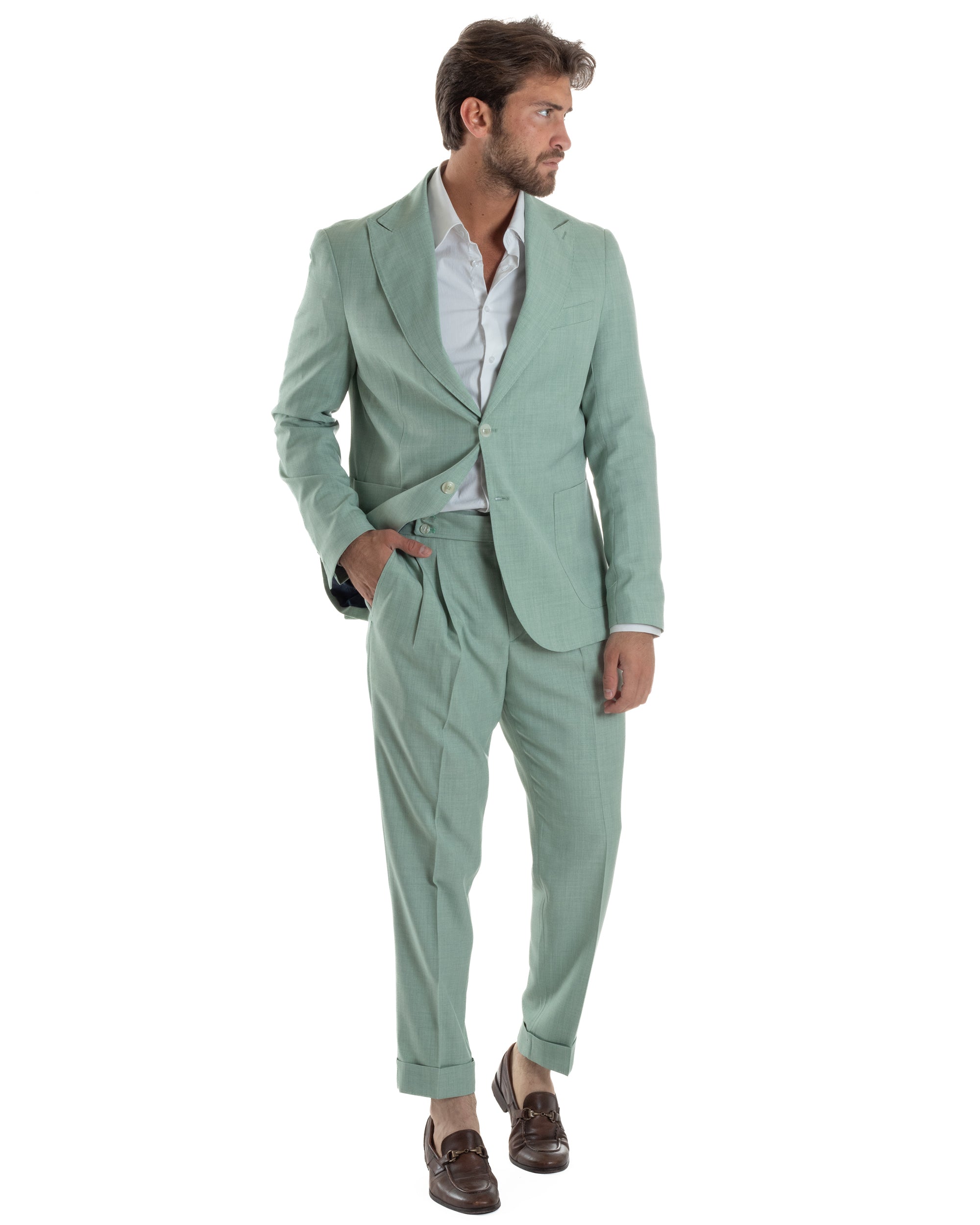 Abito Uomo Monopetto Melangiato Vestito Completo Sartoriale Elegante Giacca Rever A Lancia Pantaloni Gurkha Fibbie Verde Acqua GIOSAL-AE1140A