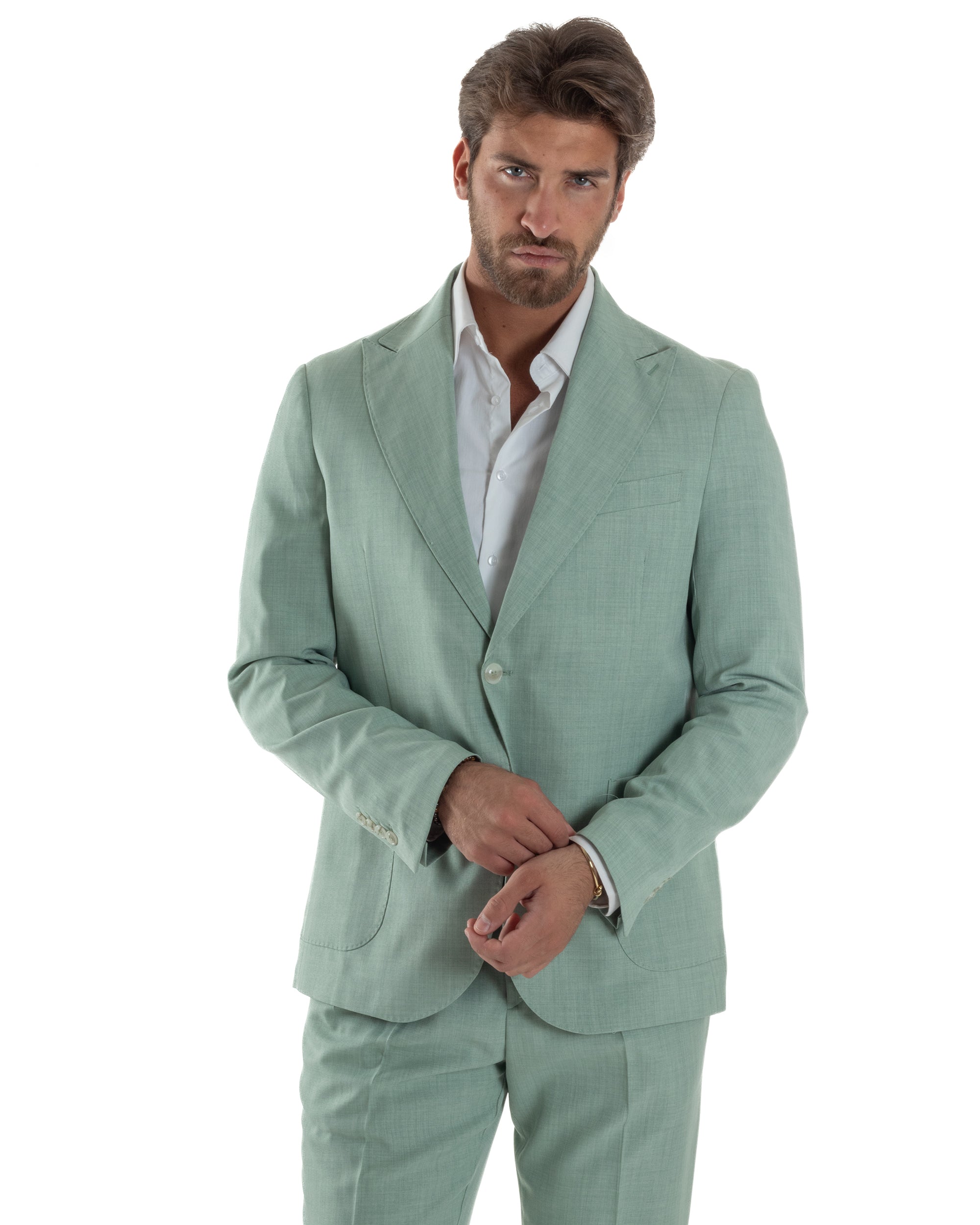 Abito Uomo Monopetto Melangiato Vestito Completo Sartoriale Elegante Giacca Rever A Lancia Pantaloni Gurkha Fibbie Verde Acqua GIOSAL-AE1140A