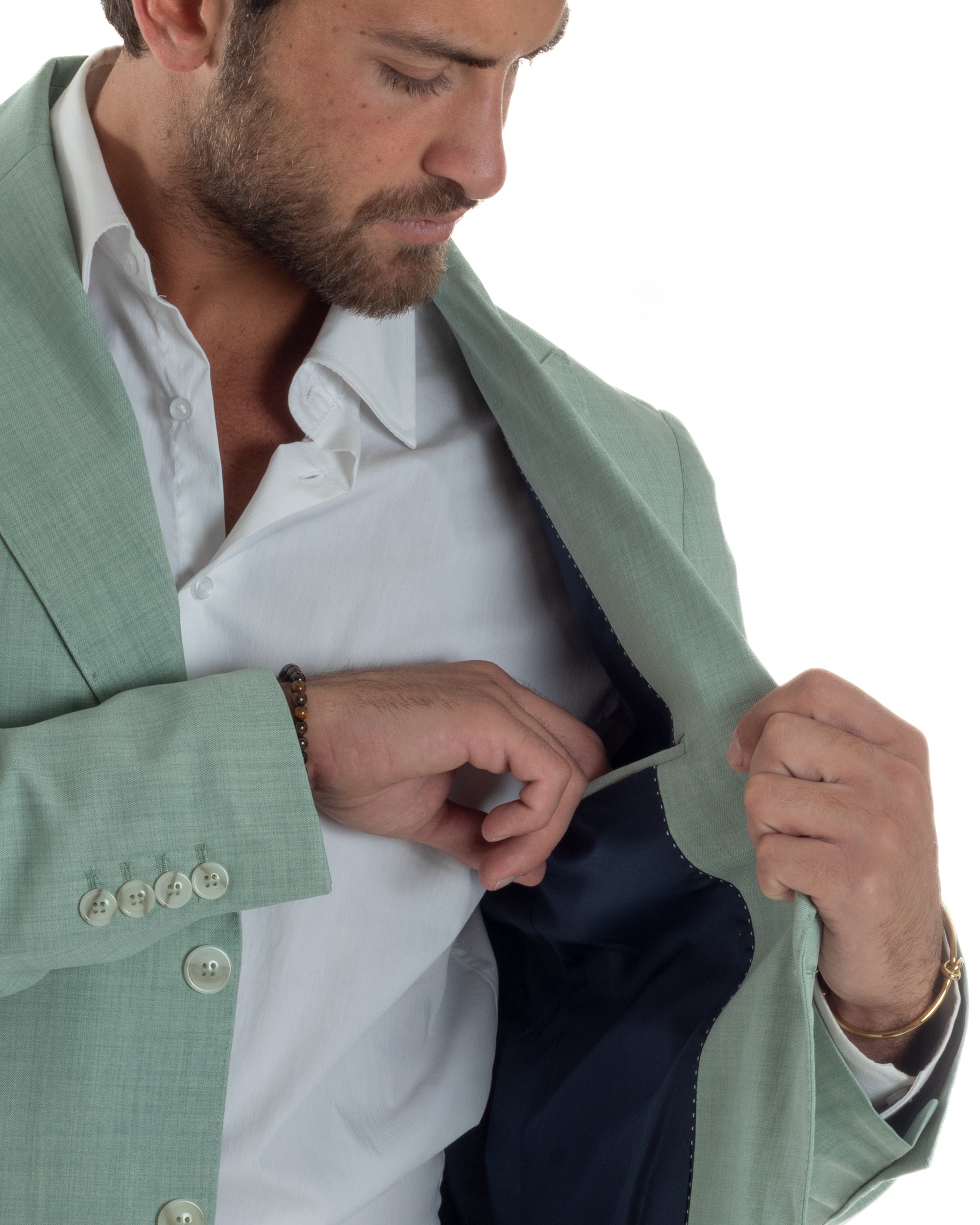Abito Uomo Monopetto Melangiato Vestito Completo Sartoriale Elegante Giacca Rever A Lancia Pantaloni Gurkha Fibbie Verde Acqua GIOSAL-AE1140A