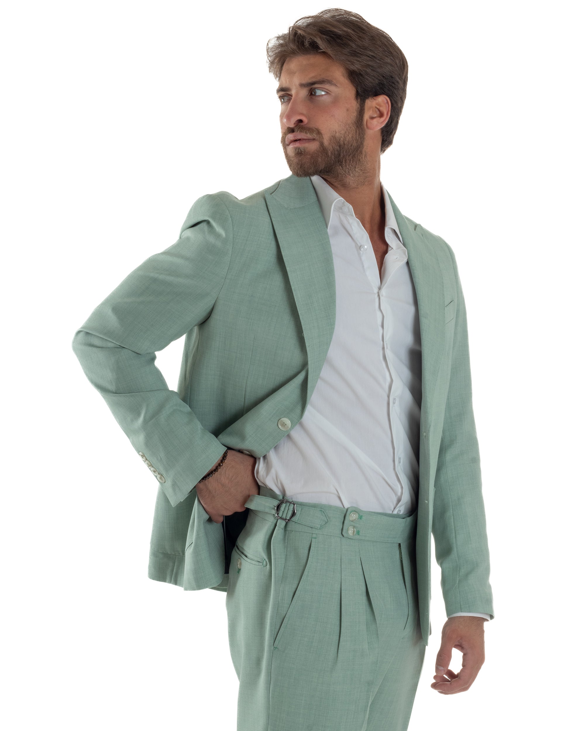 Abito Uomo Monopetto Melangiato Vestito Completo Sartoriale Elegante Giacca Rever A Lancia Pantaloni Gurkha Fibbie Verde Acqua GIOSAL-AE1140A