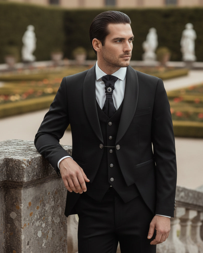 Abito Uomo Monopetto Cerimonia Rever Raso Lucido Vestito 3 Pezzi Panciotto Completo Sposo Panciotto Plastron Nero AE1143A