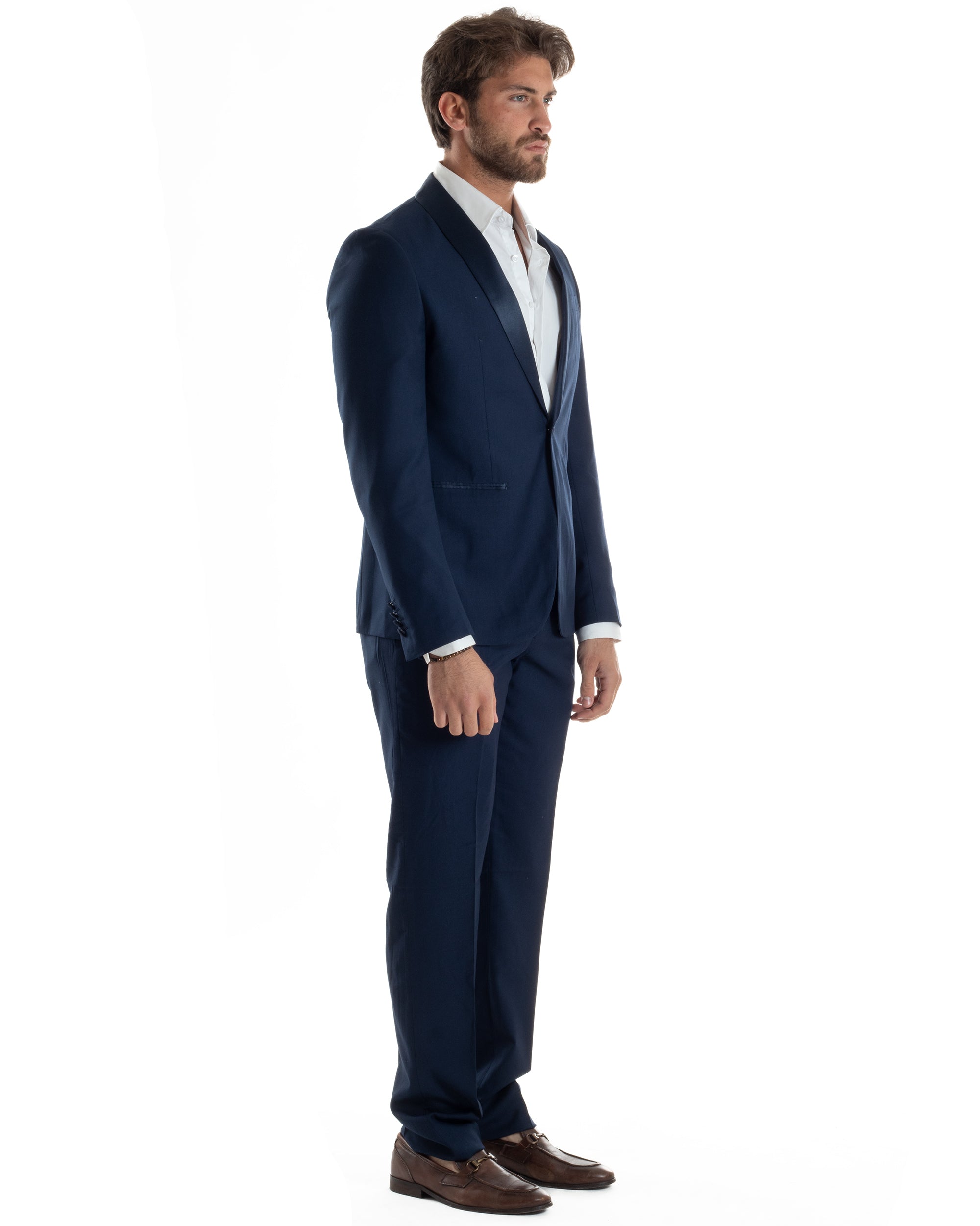 Abito Uomo Monopetto Vestito Completo Giacca Rever Sciallato In Raso Pantaloni Abbottonatura Allungata Smoking Elegante Blu GIOSAL-AE1152A