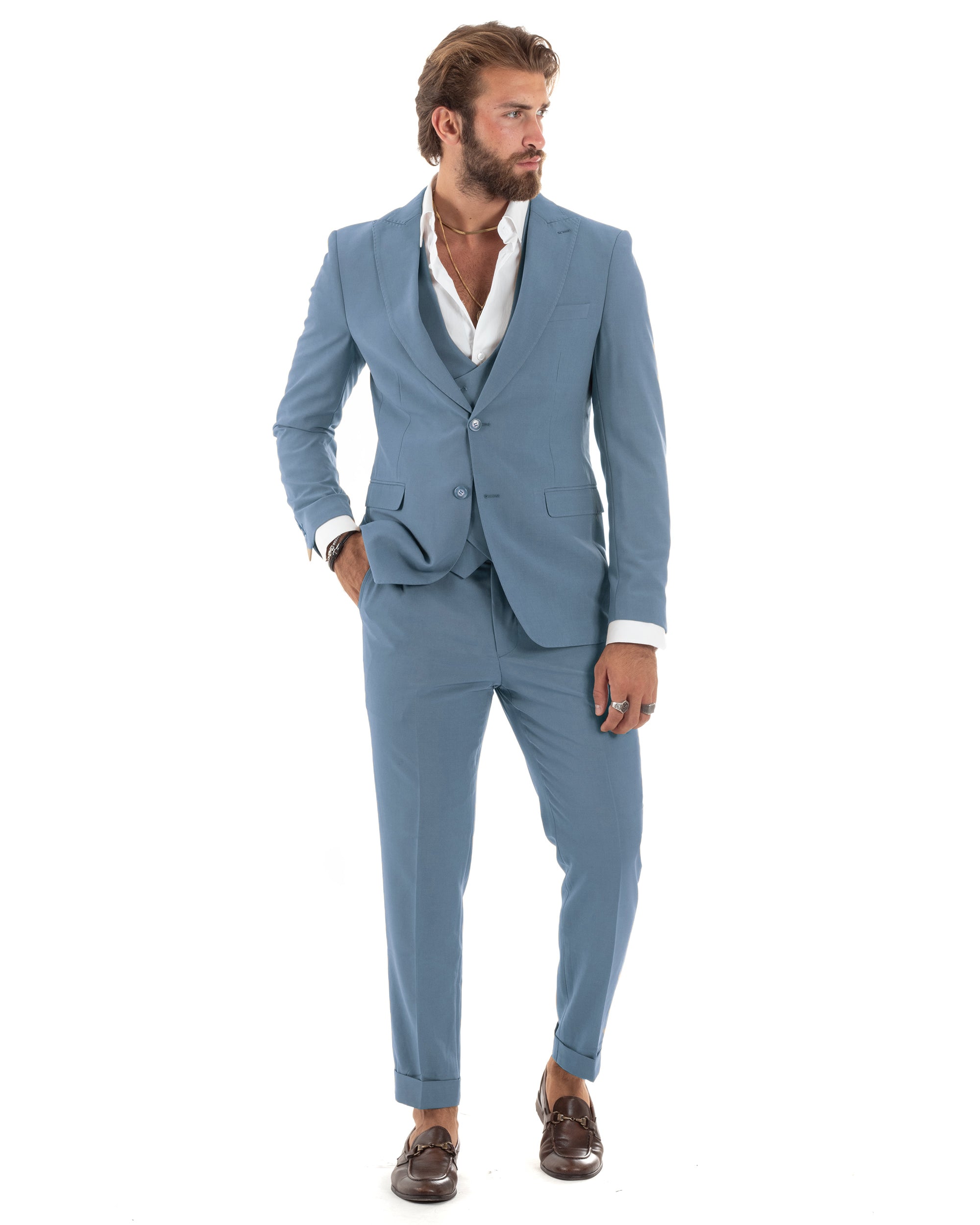Abito Uomo Monopetto Vestito 3 Pezzi Completo Giacca Pantaloni Panciotto Elegante Sartoriale Melangiato Polvere GIOSAL-AE1160A
