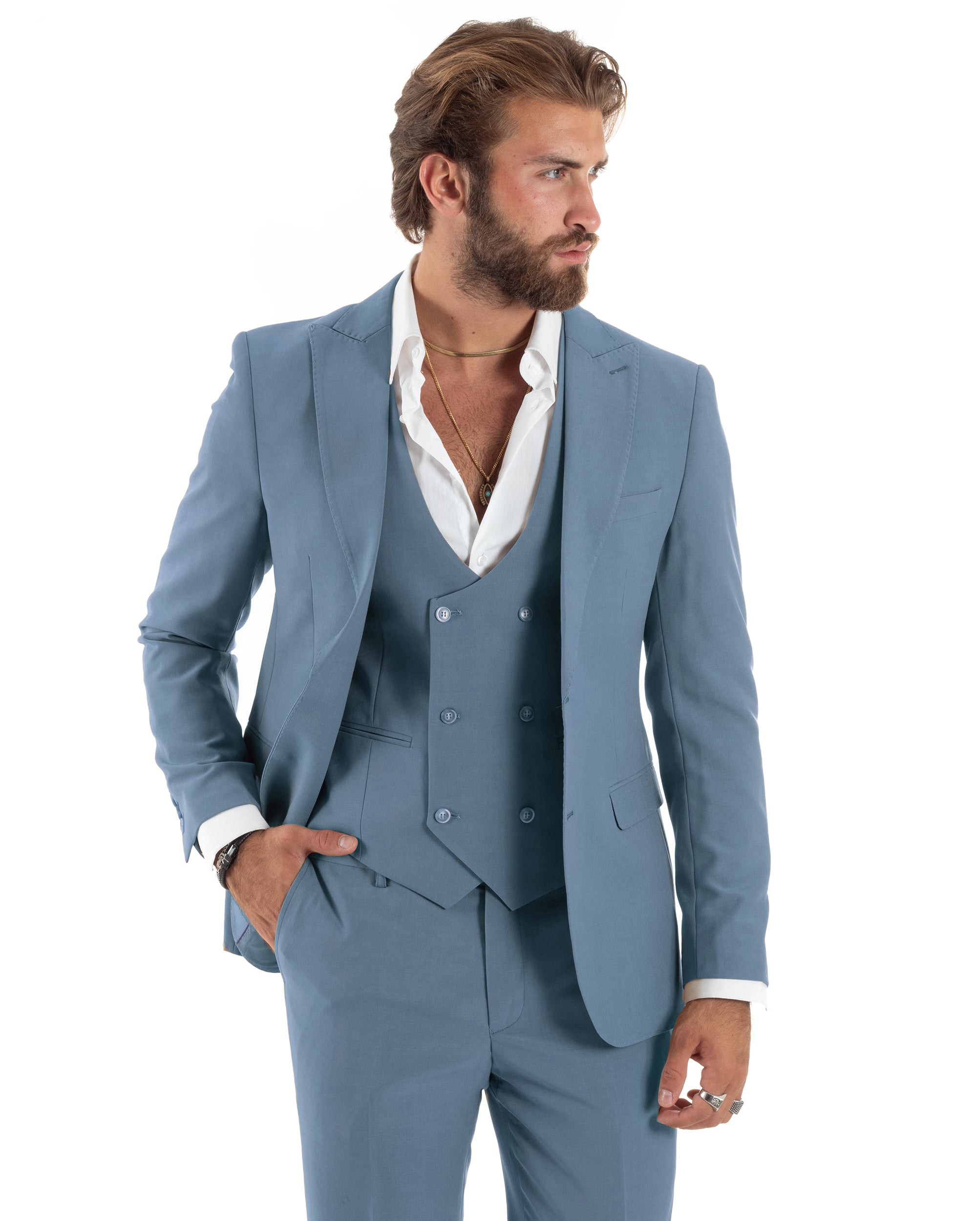 Abito Uomo Monopetto Vestito 3 Pezzi Completo Giacca Pantaloni Panciotto Elegante Sartoriale Melangiato Polvere GIOSAL-AE1160A