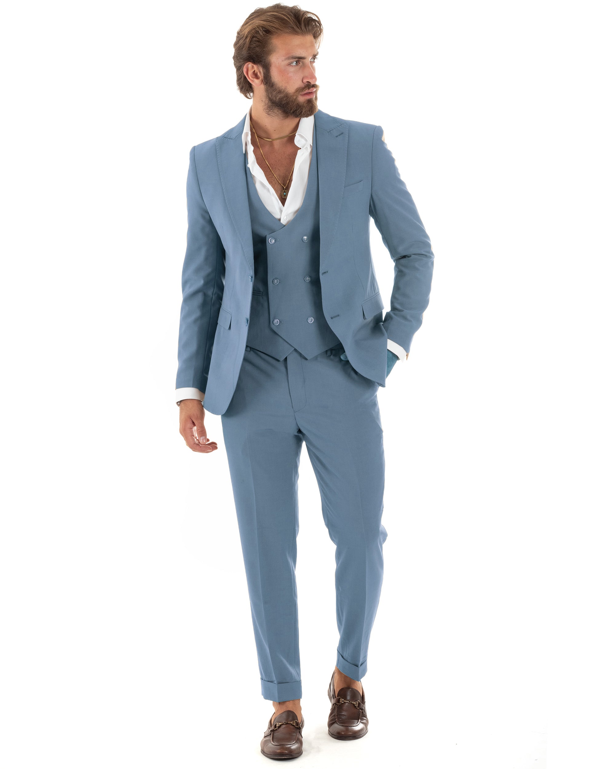 Abito Uomo Monopetto Vestito 3 Pezzi Completo Giacca Pantaloni Panciotto Elegante Sartoriale Melangiato Polvere GIOSAL-AE1160A