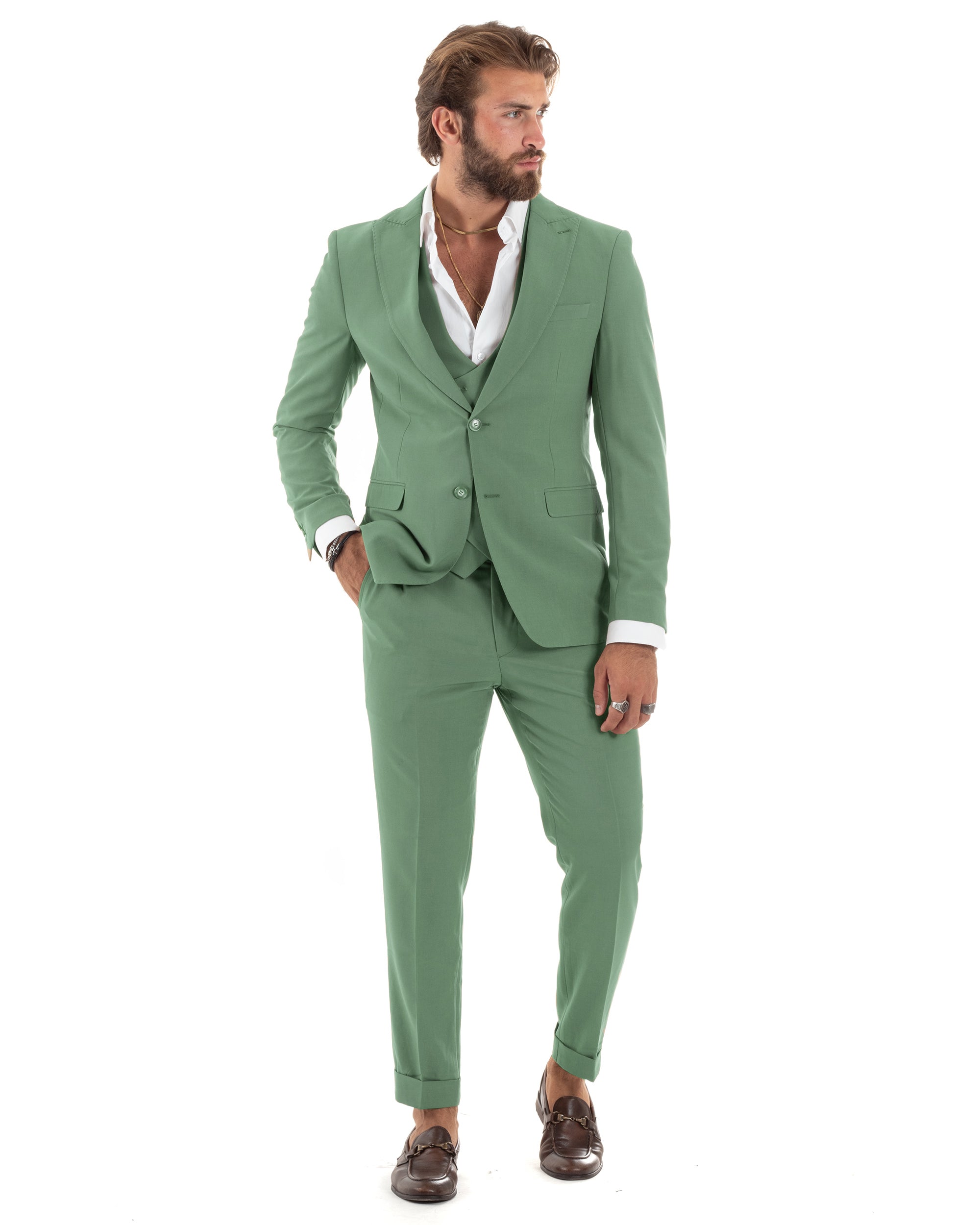 Abito Uomo Monopetto Vestito 3 Pezzi Completo Giacca Pantaloni Panciotto Elegante Sartoriale Melangiato Verde Salvia GIOSAL-AE1161A