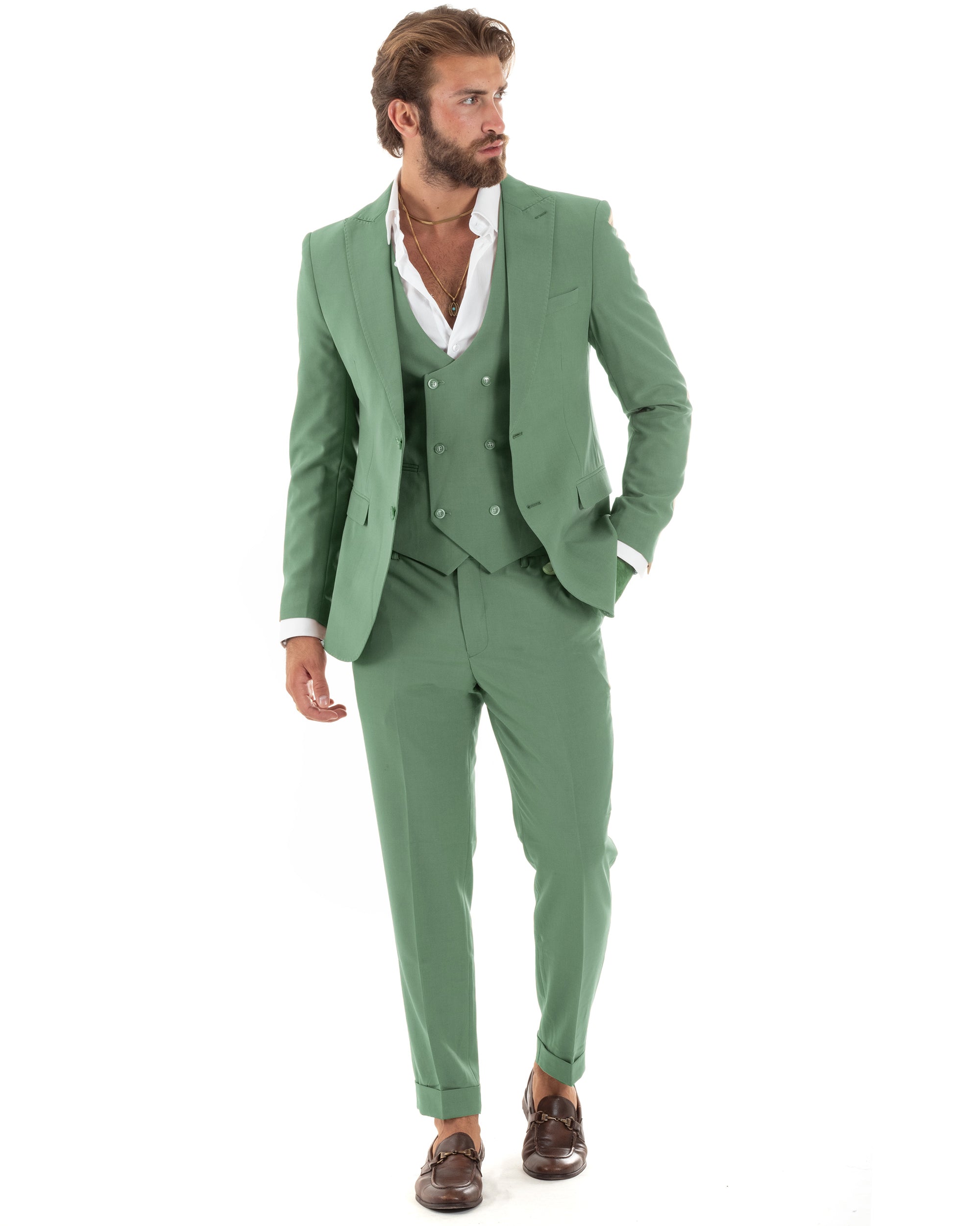 Abito Uomo Monopetto Vestito 3 Pezzi Completo Giacca Pantaloni Panciotto Elegante Sartoriale Melangiato Verde Salvia GIOSAL-AE1161A