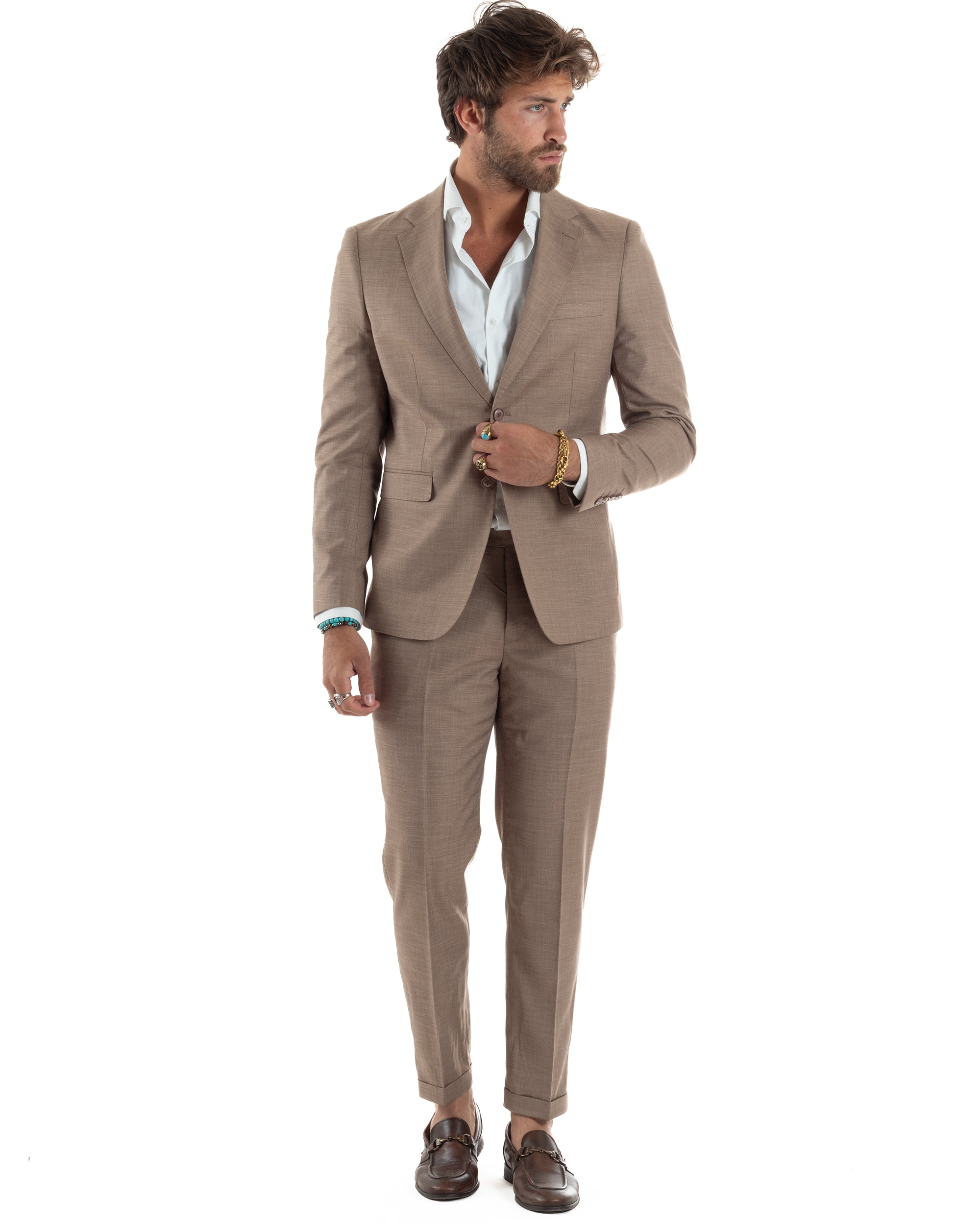 Abito Uomo Monopetto Vestito Completo Giacca Pantaloni Melangiato Elegante Casual Sabbia GIOSAL-AE1164A