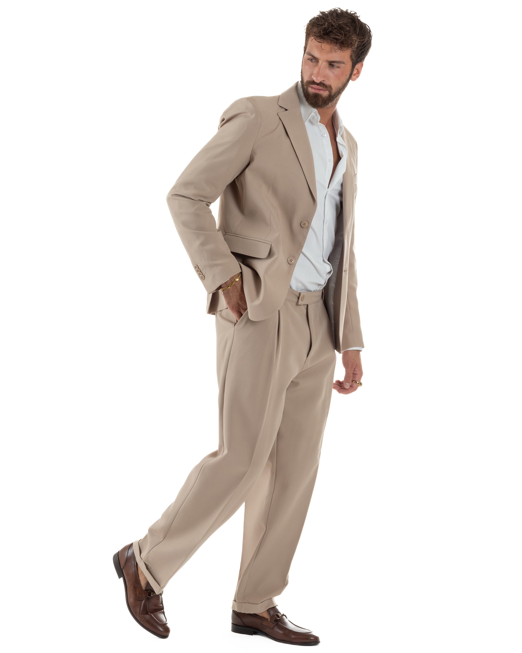 Abito Uomo Monopetto Viscosa Pantaloni Baggy Beige AE1185A