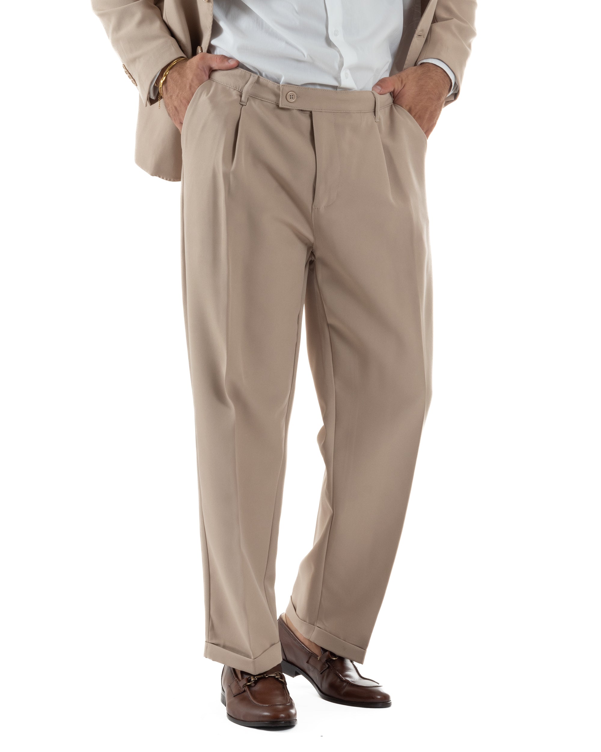 Abito Uomo Monopetto Viscosa Pantaloni Baggy Beige AE1185A