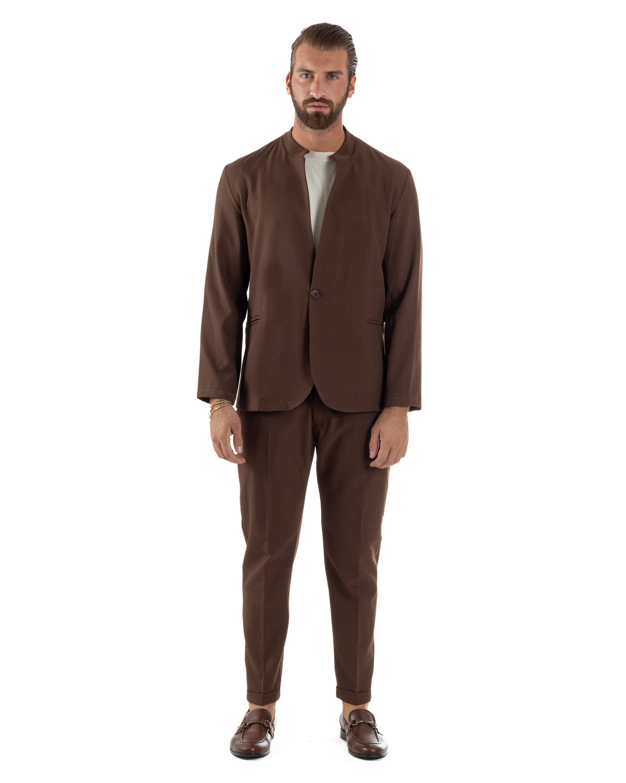 Abito Uomo Monopetto Coreano Coordinato Viscosa Marrone AE1187A