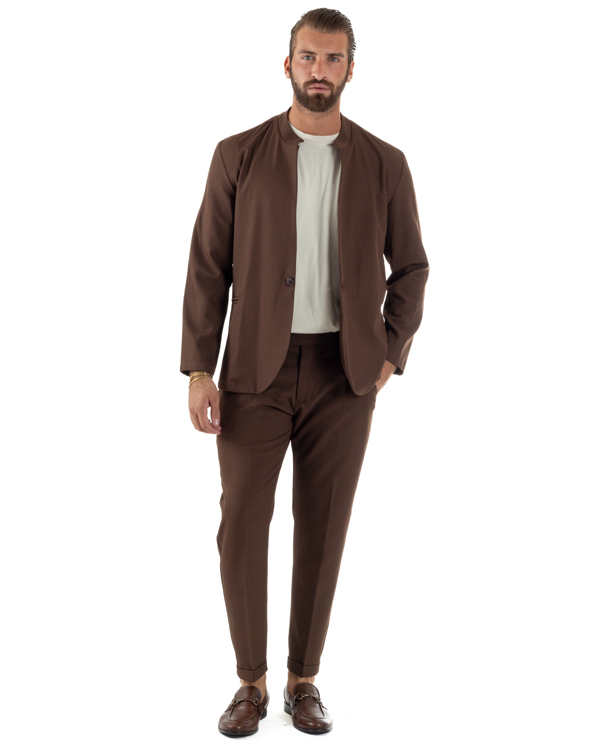 Abito Uomo Monopetto Coreano Coordinato Viscosa Marrone AE1187A