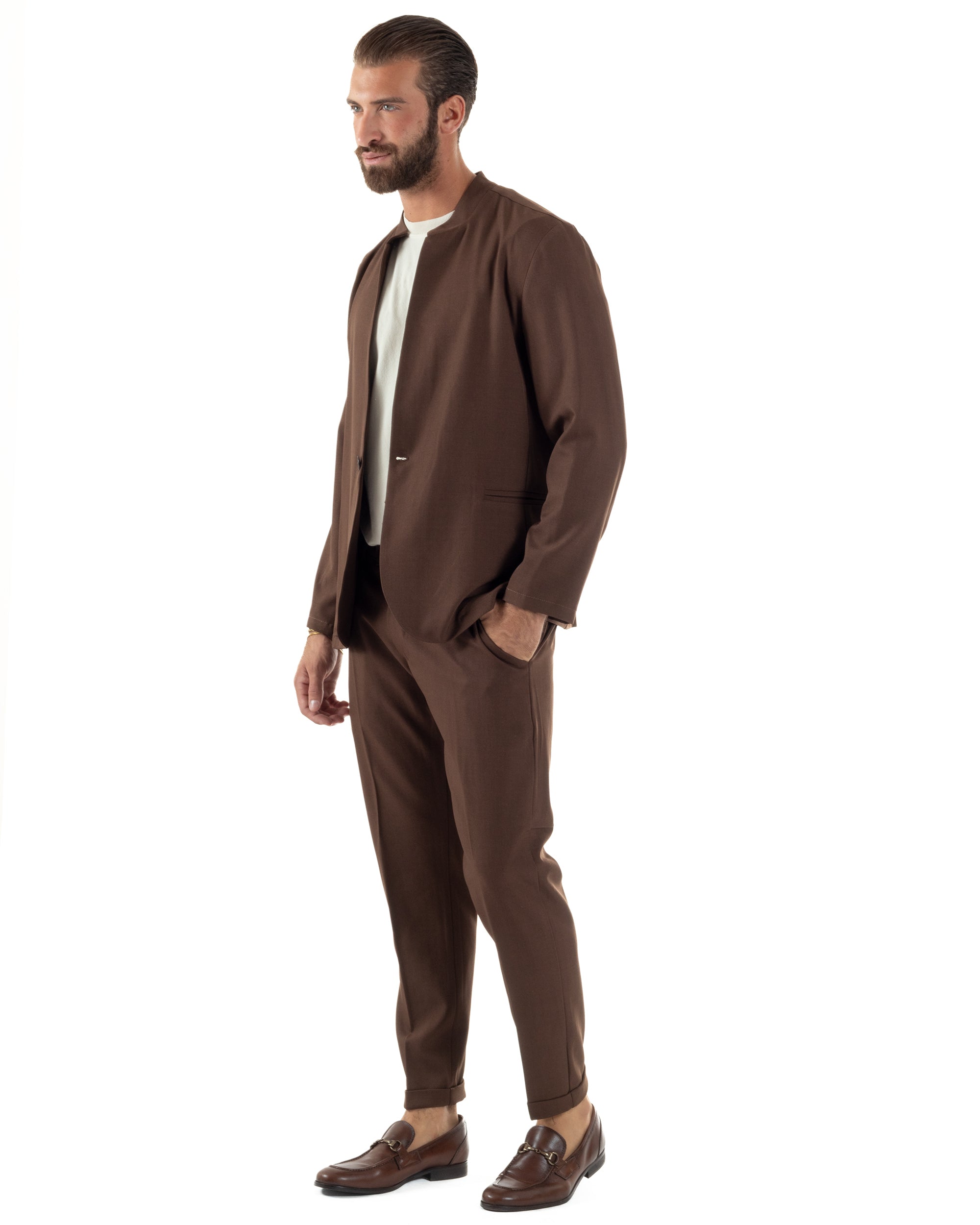 Abito Uomo Monopetto Coreano Coordinato Viscosa Marrone AE1187A