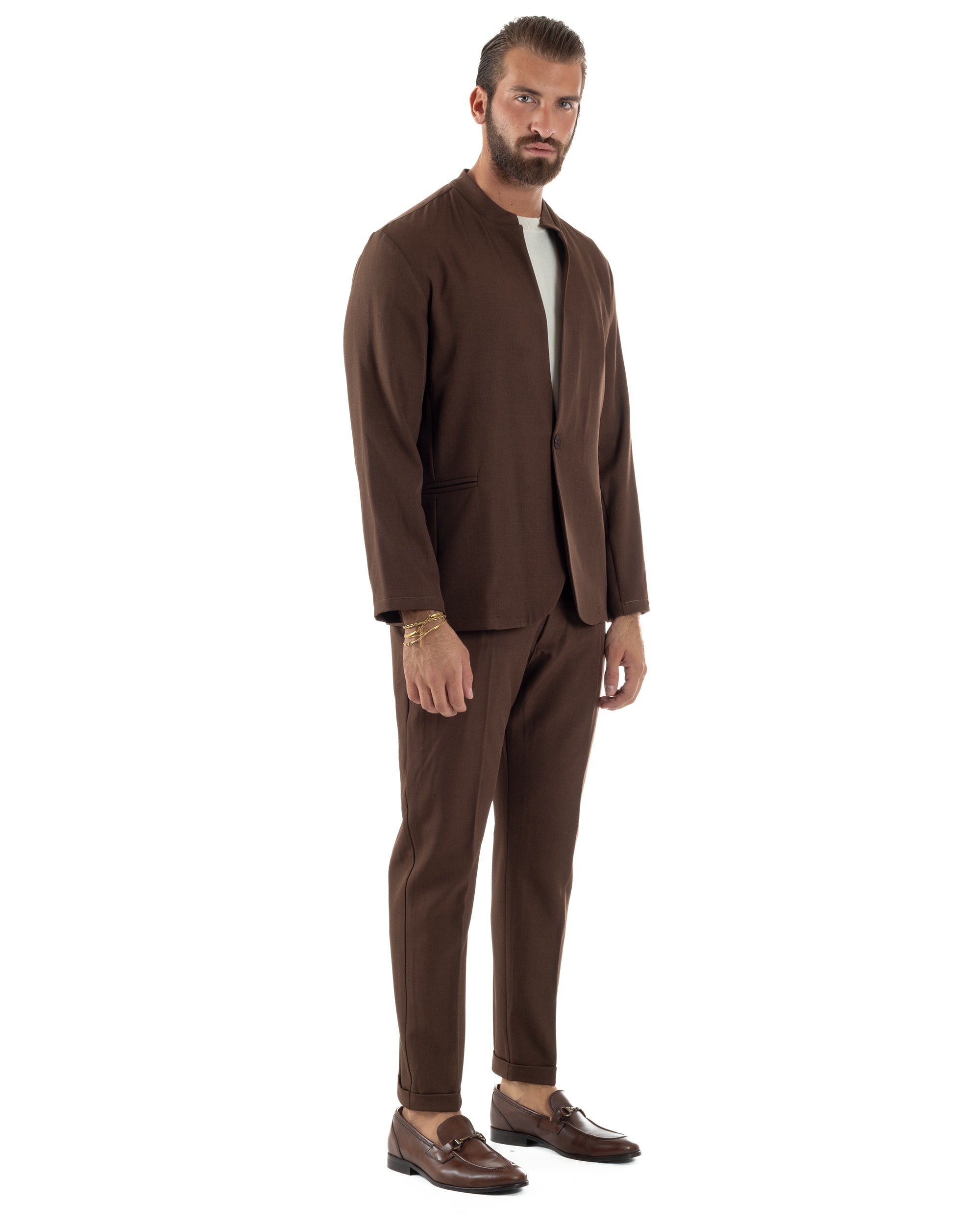 Abito Uomo Monopetto Coreano Coordinato Viscosa Marrone AE1187A