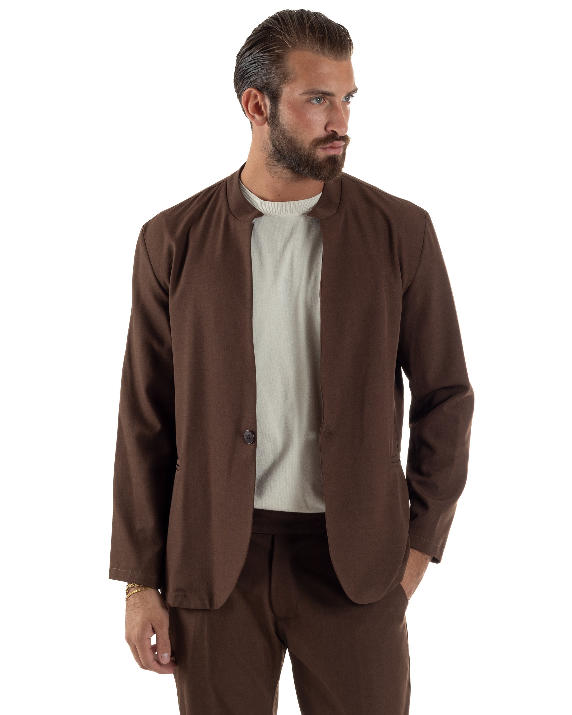 Abito Uomo Monopetto Coreano Coordinato Viscosa Marrone AE1187A