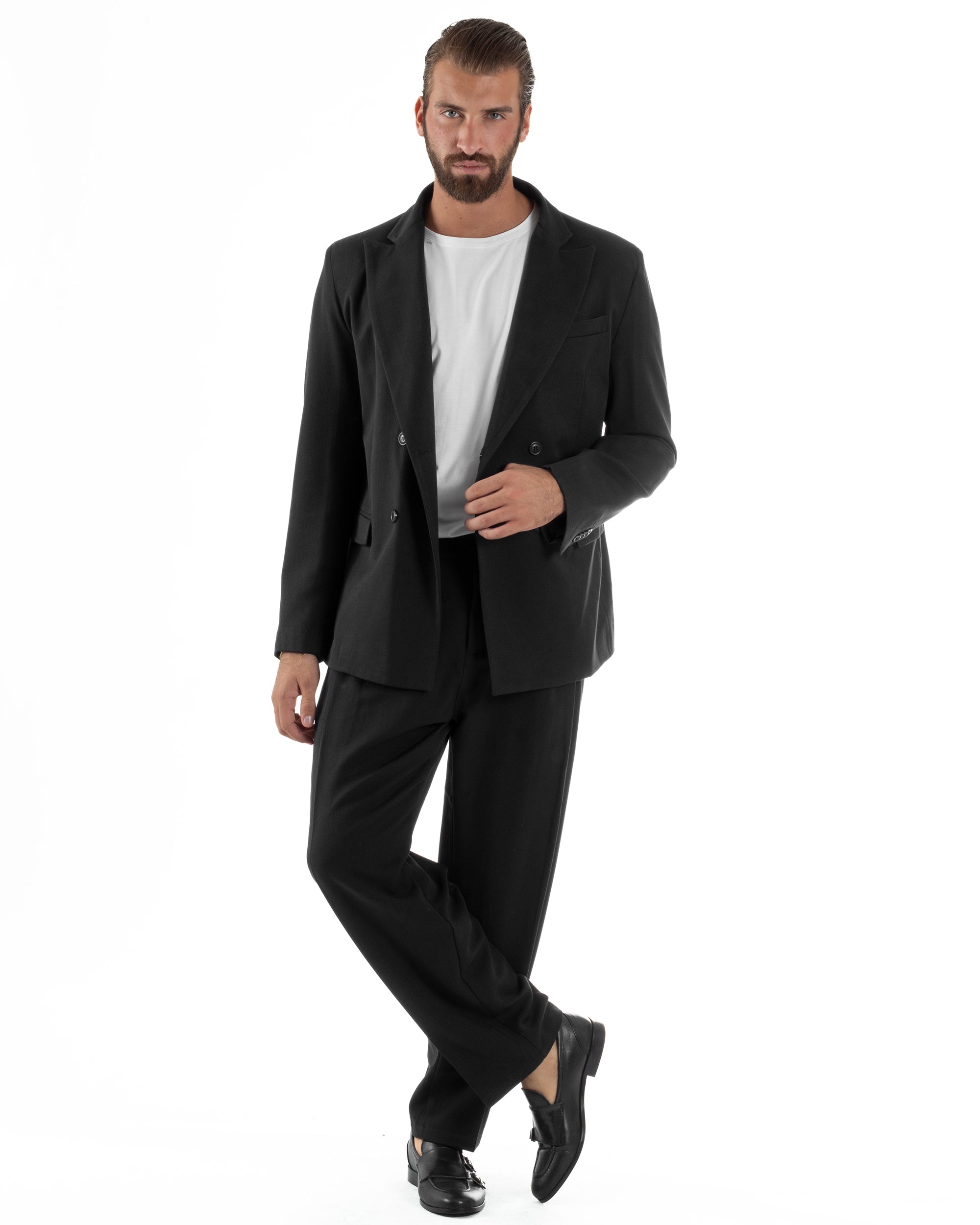 Abito Uomo Doppiopetto Viscosa Pantaloni Baggy Nero AE1194A