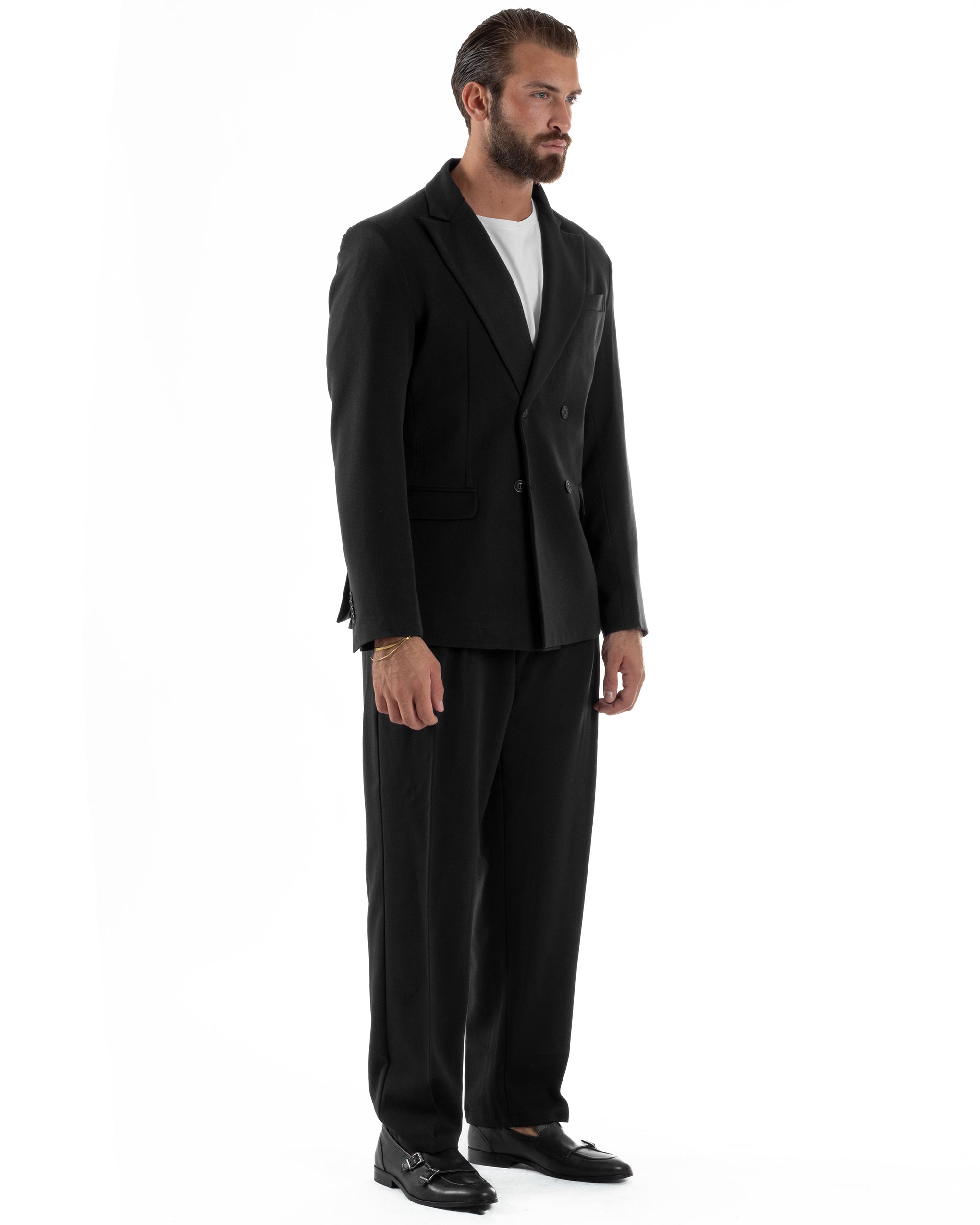 Abito Uomo Doppiopetto Viscosa Pantaloni Baggy Nero AE1194A