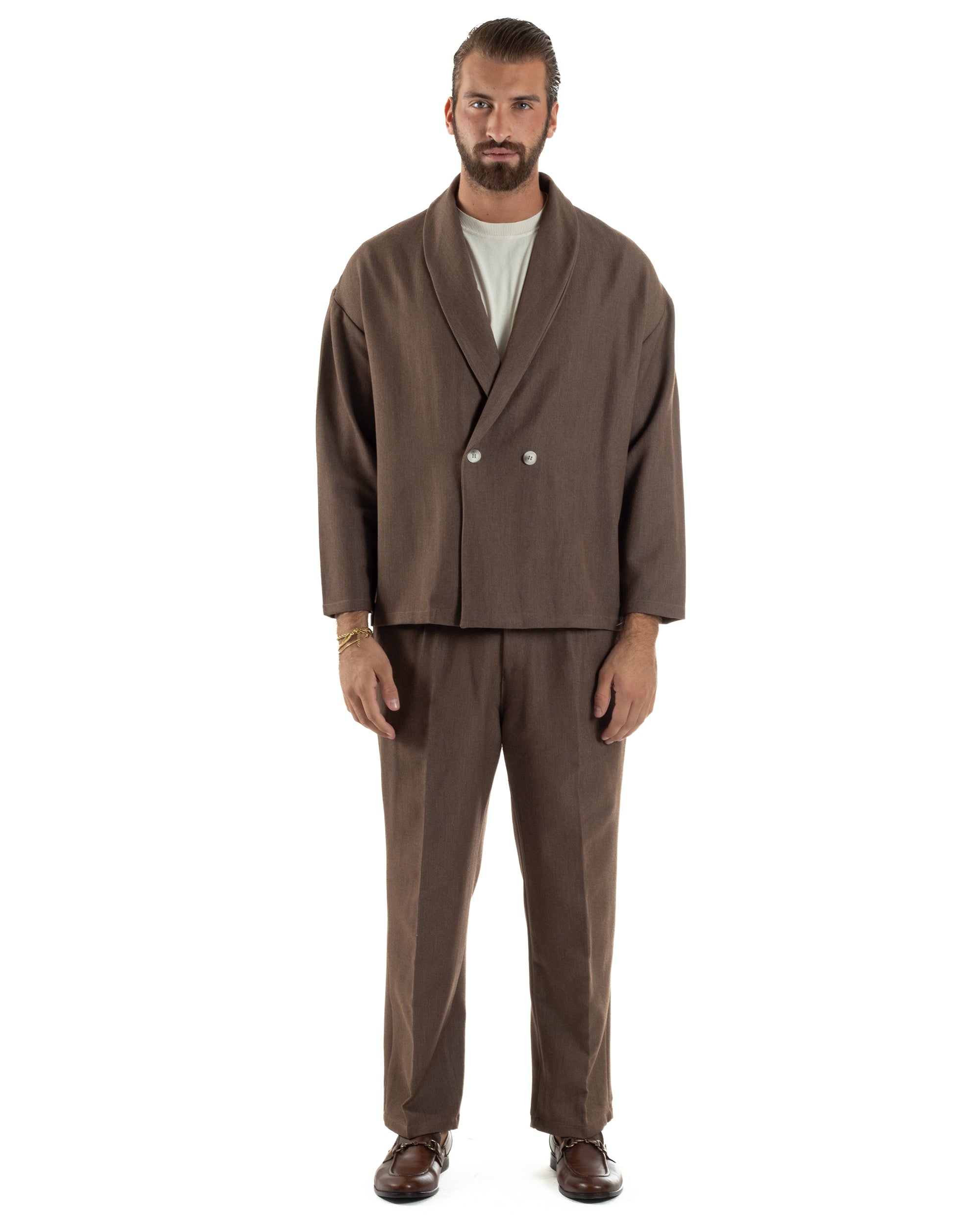 Abito Uomo Viscosa Giacca Doppiopetto Cropped Pantaloni Baggy Marrone AE1195A