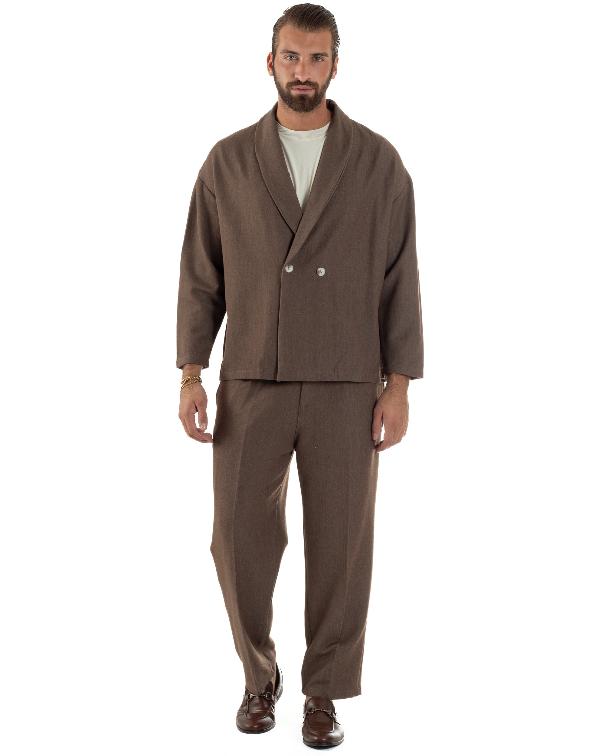 Abito Uomo Viscosa Giacca Doppiopetto Cropped Pantaloni Baggy Marrone AE1195A