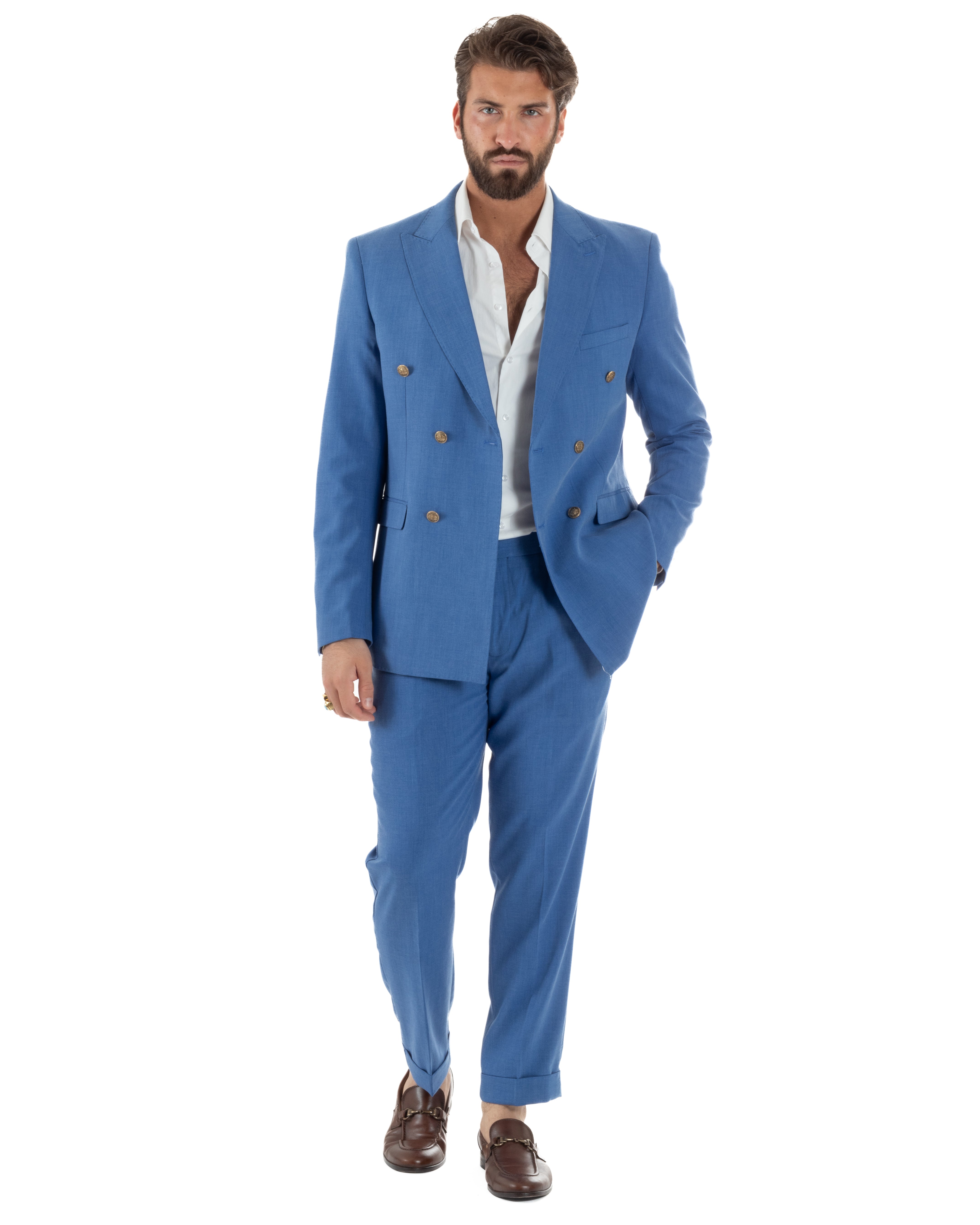 Vista completa abito uomo blu royal melangiato doppiopetto formale elegante