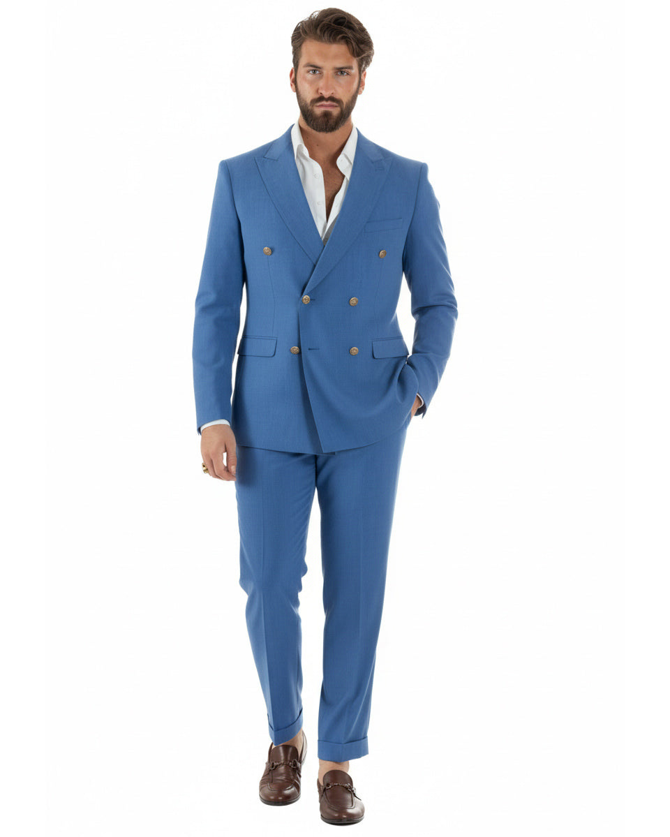 Vista frontale completa abito uomo blu royal melangiato doppiopetto slim fit